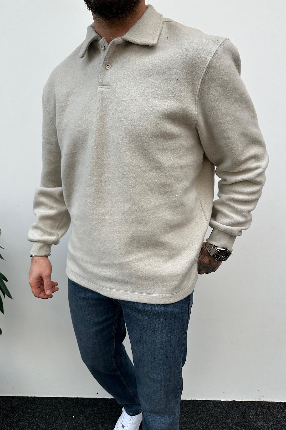 Gri Polar Kumaş Polo Yaka Sweatshirt