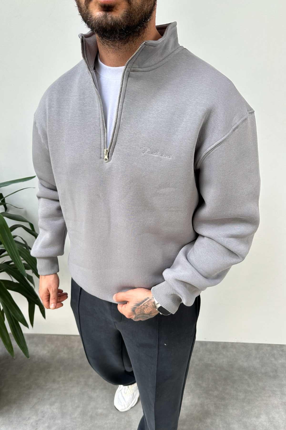 Gri  Yarım Fermuarlı Oversize Sweatshirt
