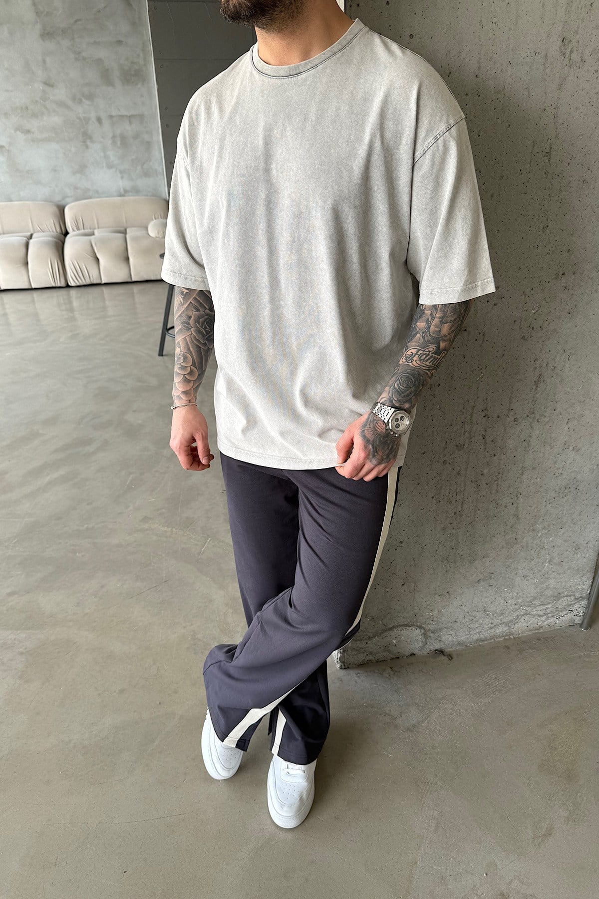 Gri Yıkamalı Basic T-Shirt