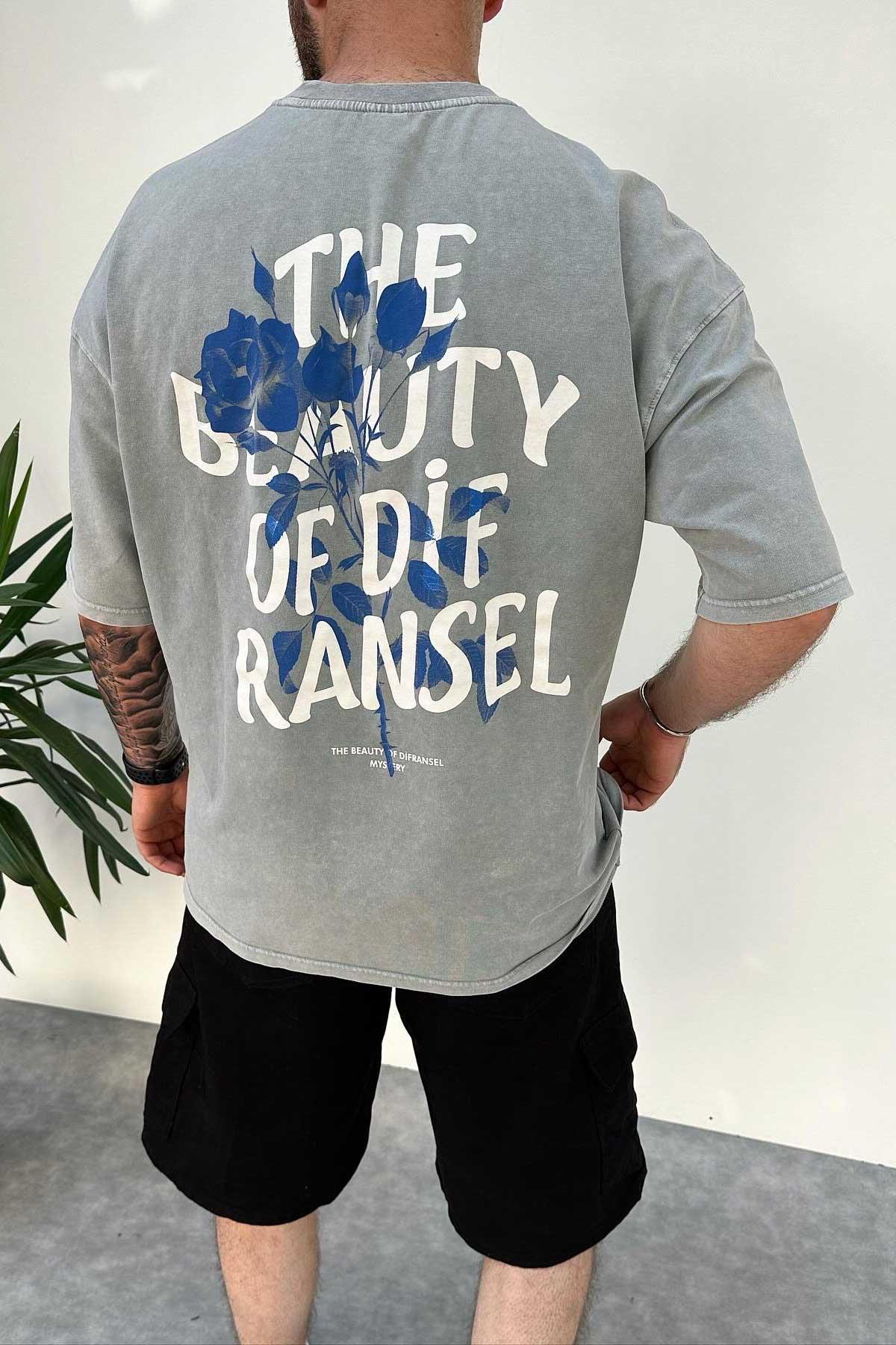 Gri Yıkamalı Baskılı Oversize T-Shirt
