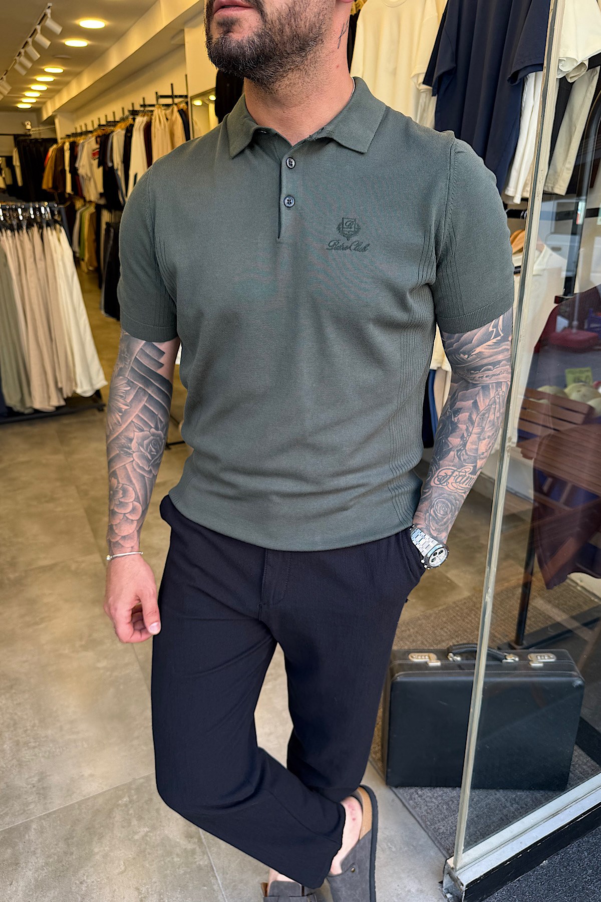 Haki Nakış Detaylı Polo Yaka T-Shirt