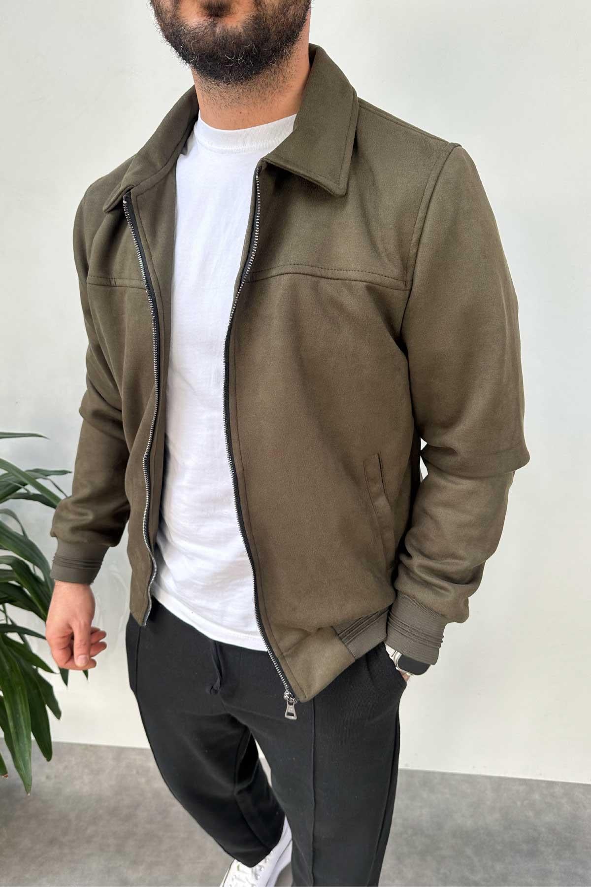 Haki Normal Kalıp Nubuk Ceket