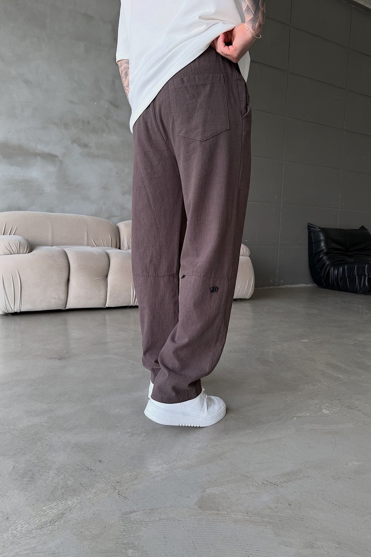 Kahve Baggy Keten Pantolon 