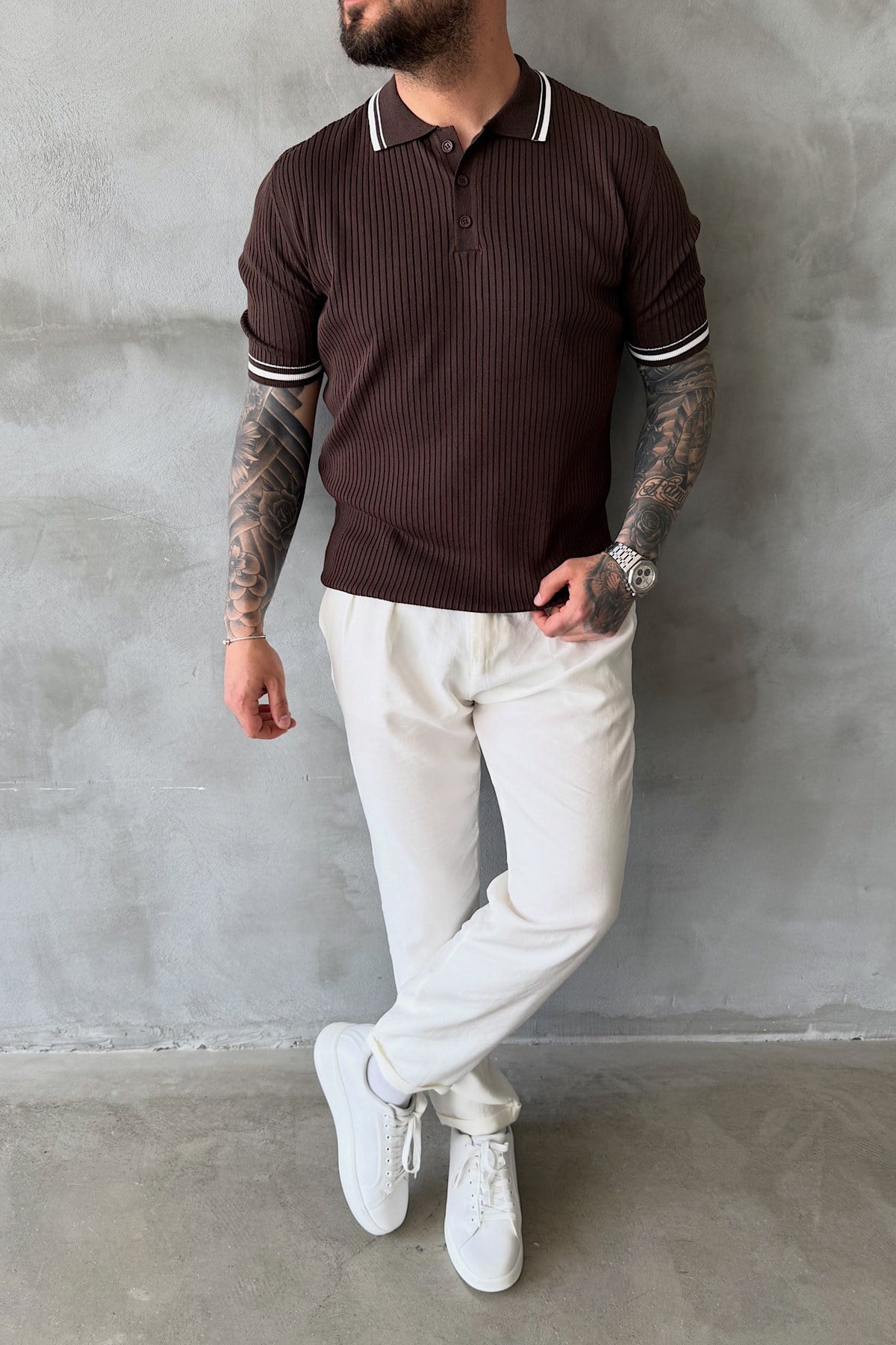 Kahve Fitilli Polo Yaka T-Shirt