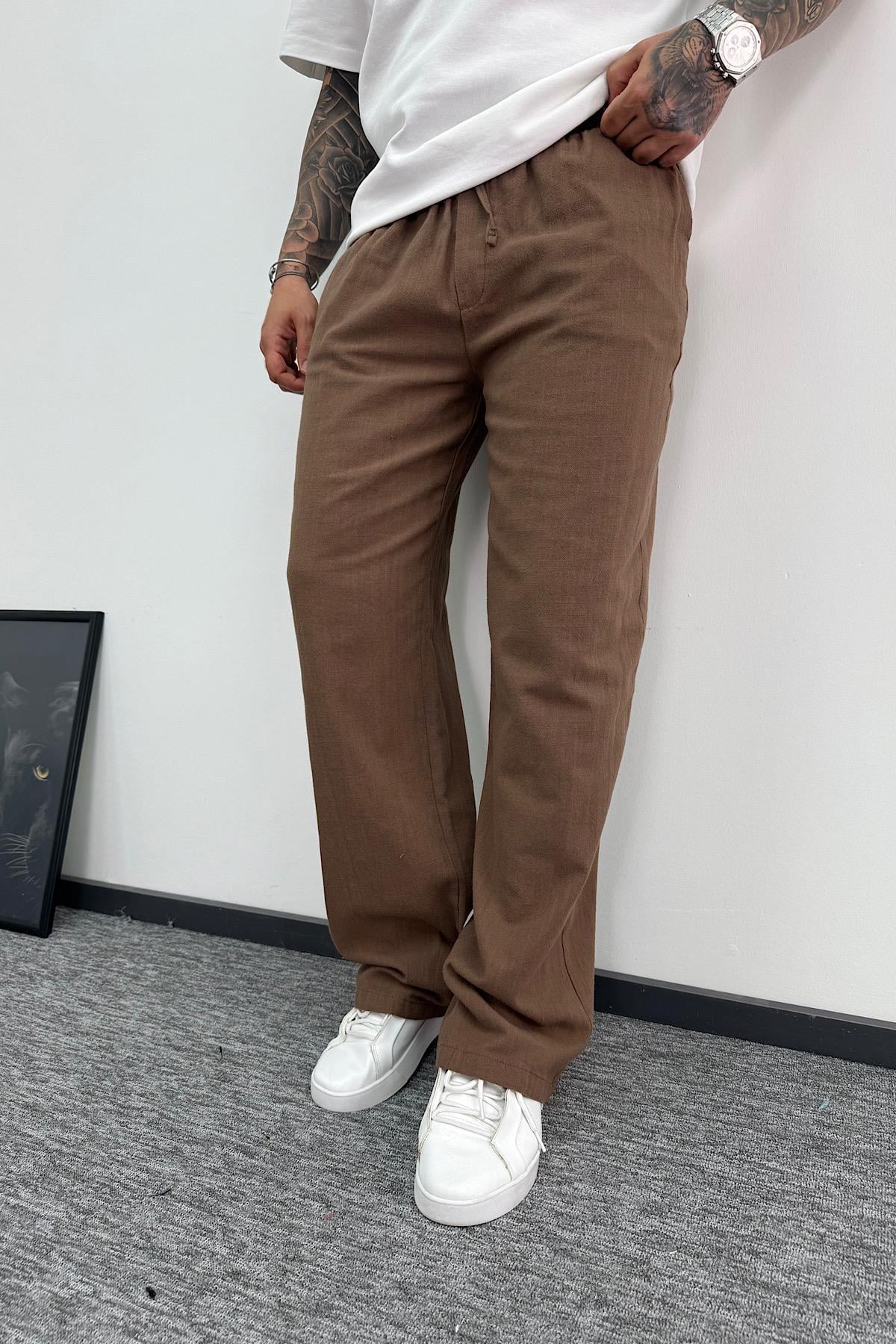 Kahverengi Baggy Keten Pantolon 