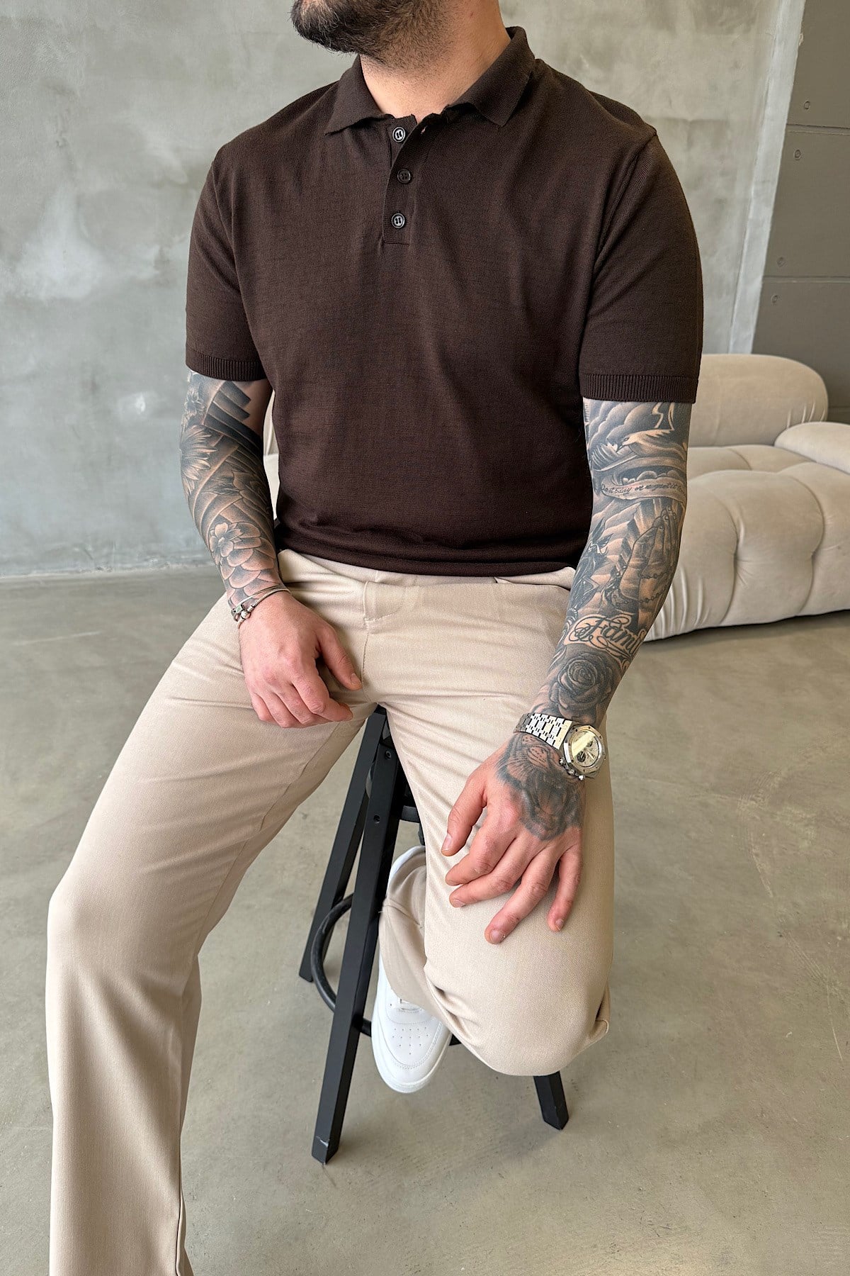 Kahverengi Basic Düğmeli Polo Yaka T-Shirt