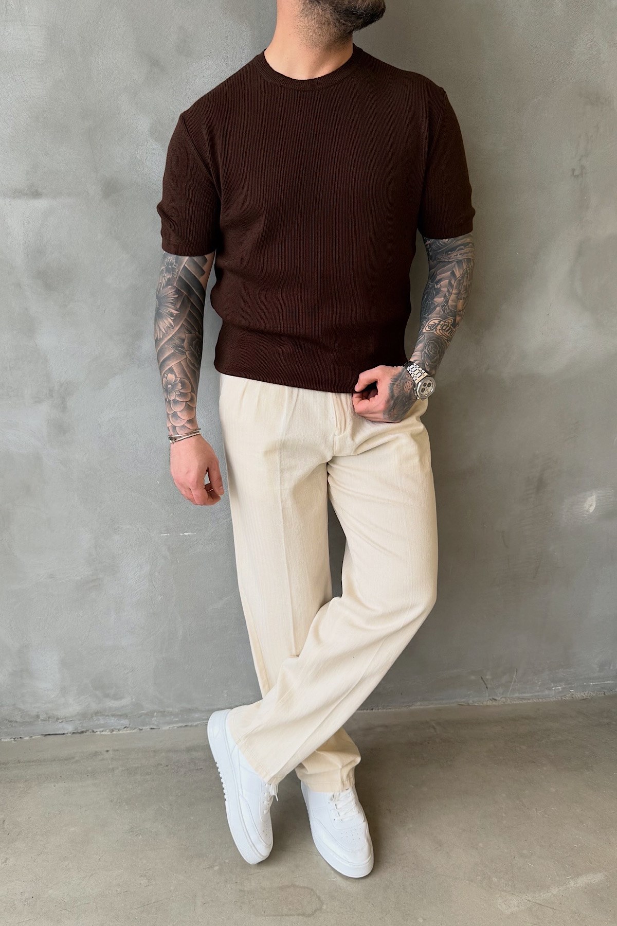 Kahverengi Basic Triko T-Shirt