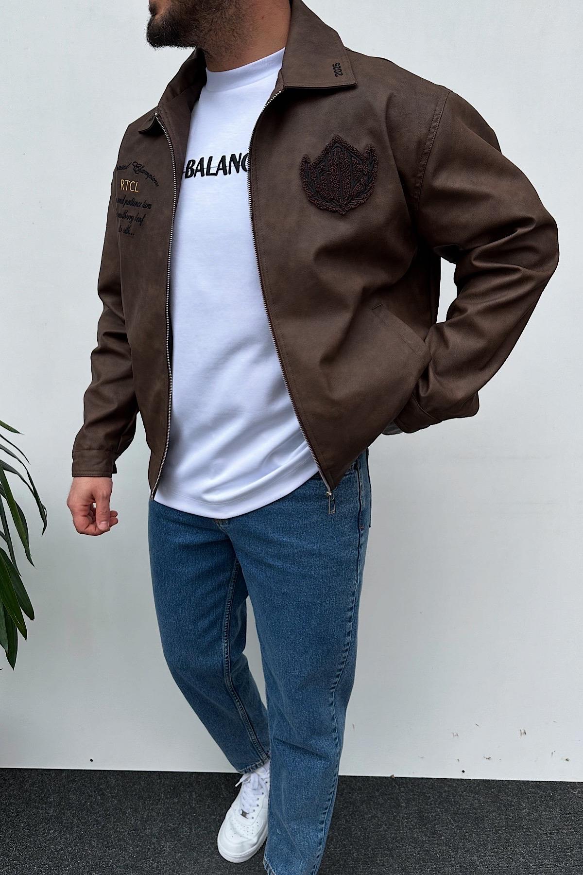 Kahverengi Baskılı Deri Ceket