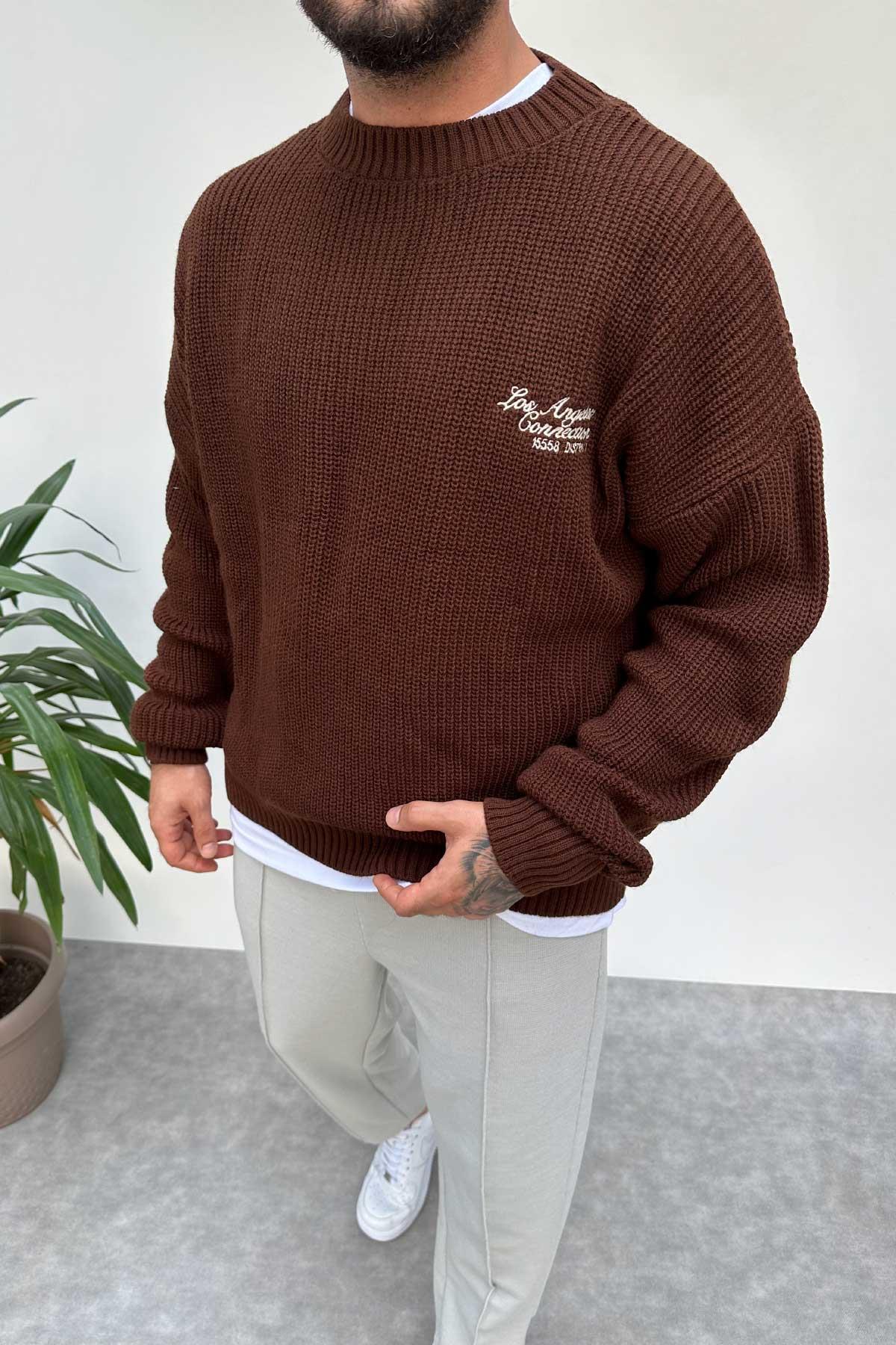 Kahverengi Oversize Örme Triko Kazak