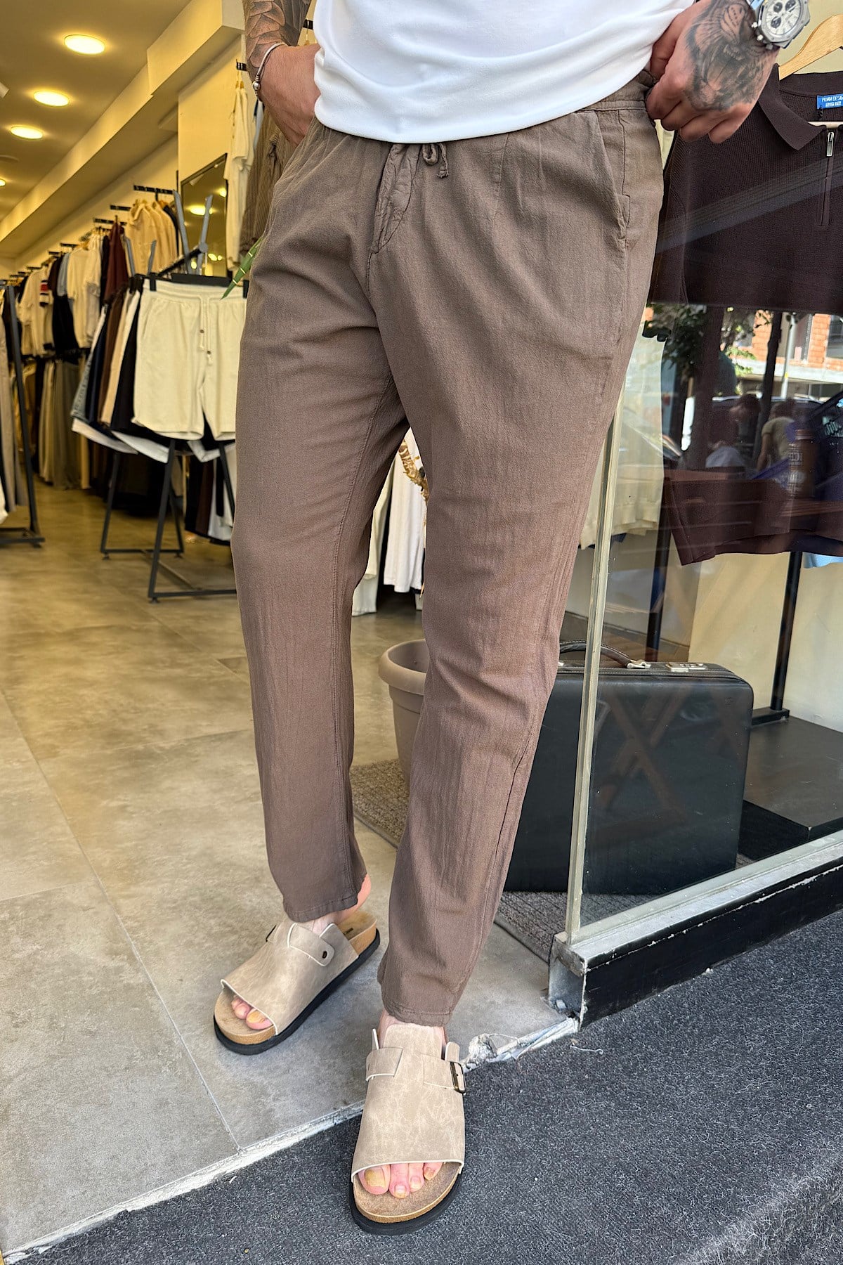 Kahverengi Regular Keten Pantolon