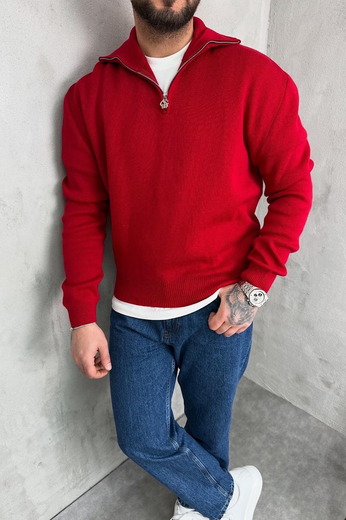 Kırmızı Yarım Fermuar Triko