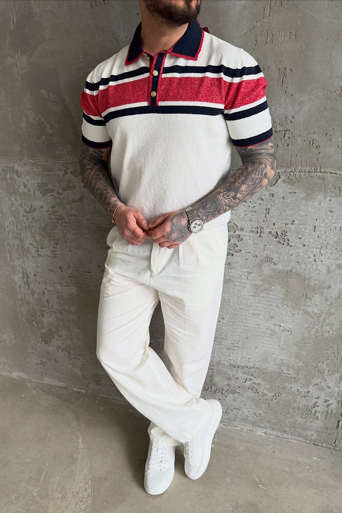 Kırmızı&Lacivert Şeritli Polo Yaka T-Shirt