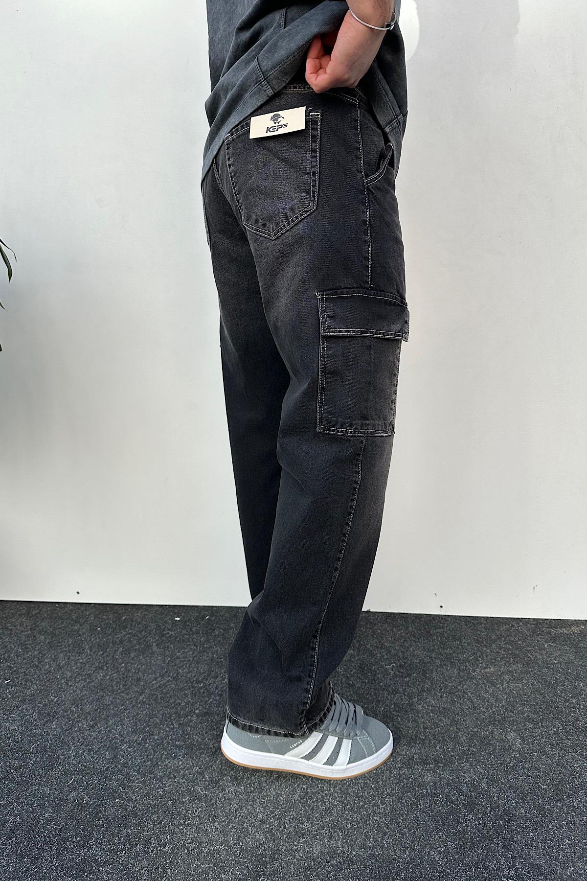 Koyu Gri Eskitme Detaylı Cepli Baggy Pantolon 