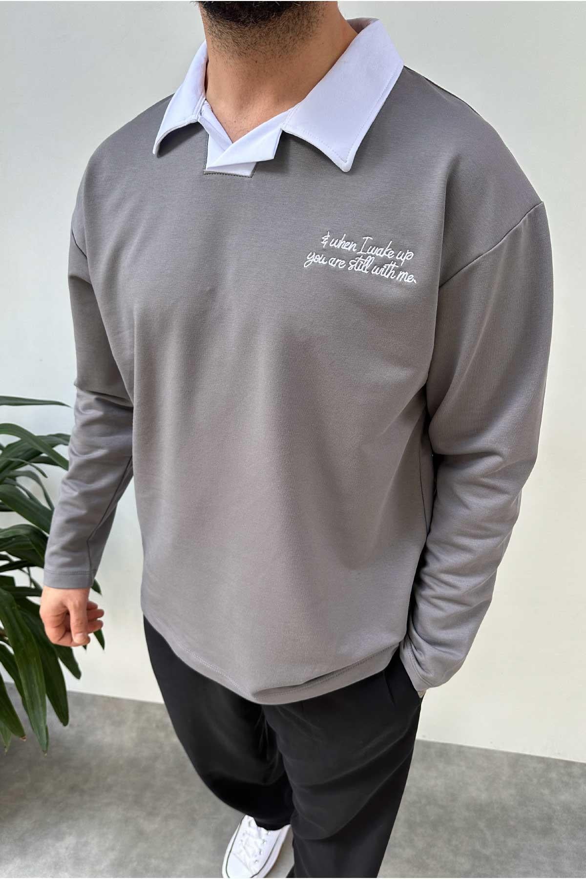 Koyu Gri Polo Yaka Oversize Sweatshirt