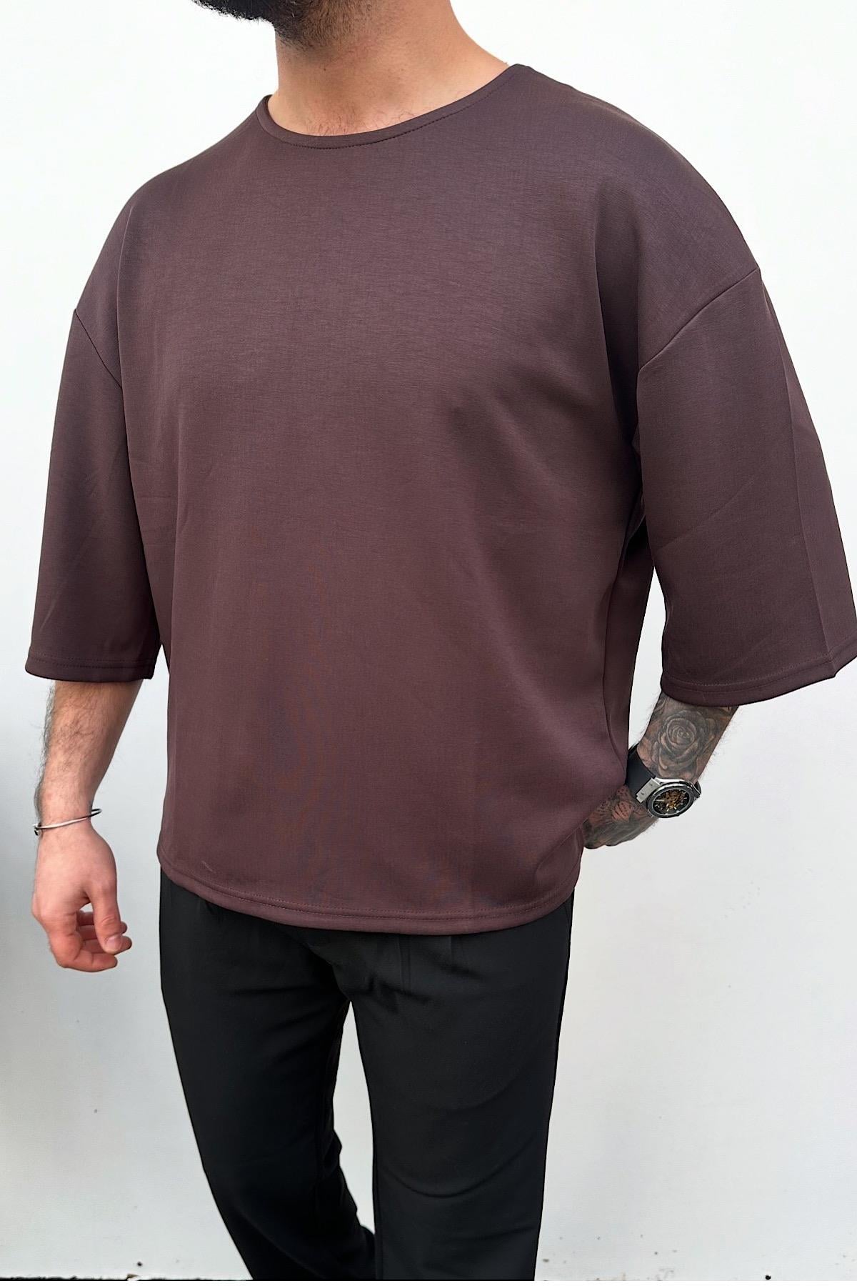 Koyu Kahve Likralı Fakir Kol Tshirt