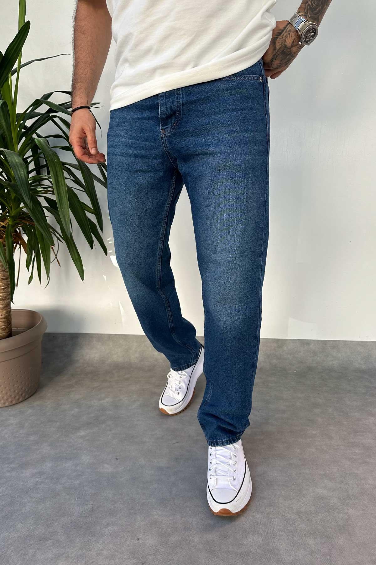Koyu Mavi Taşlamalı Baggy Jean 
