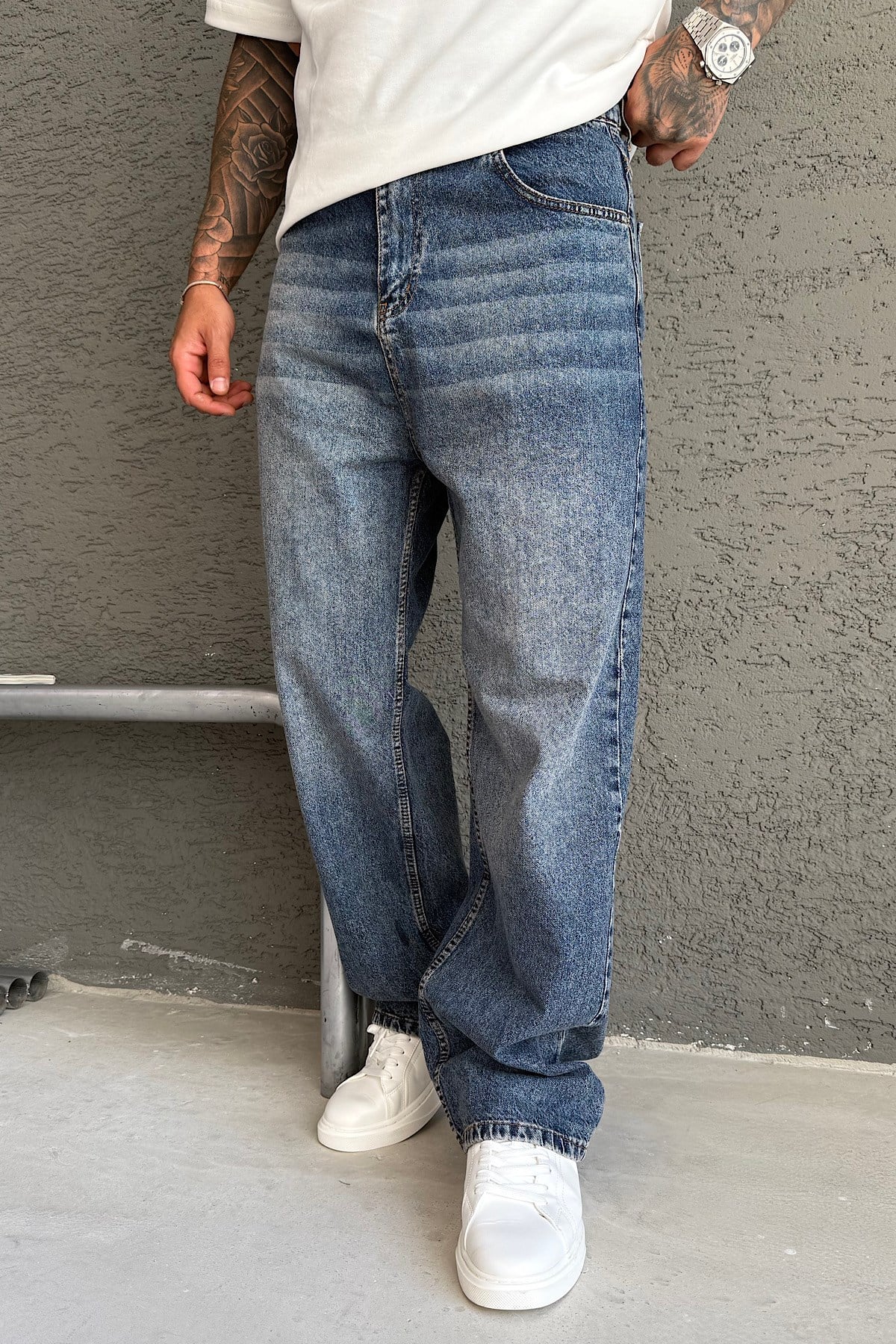 Koyu Mavi Yıkamalı Baggy Jean