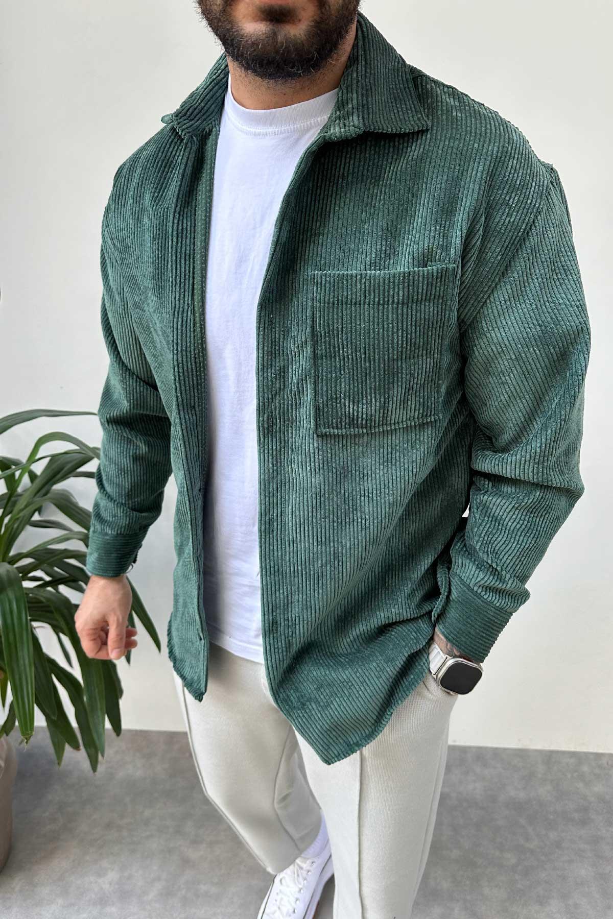 Koyu Yeşil Oversize Kadife Gömlek