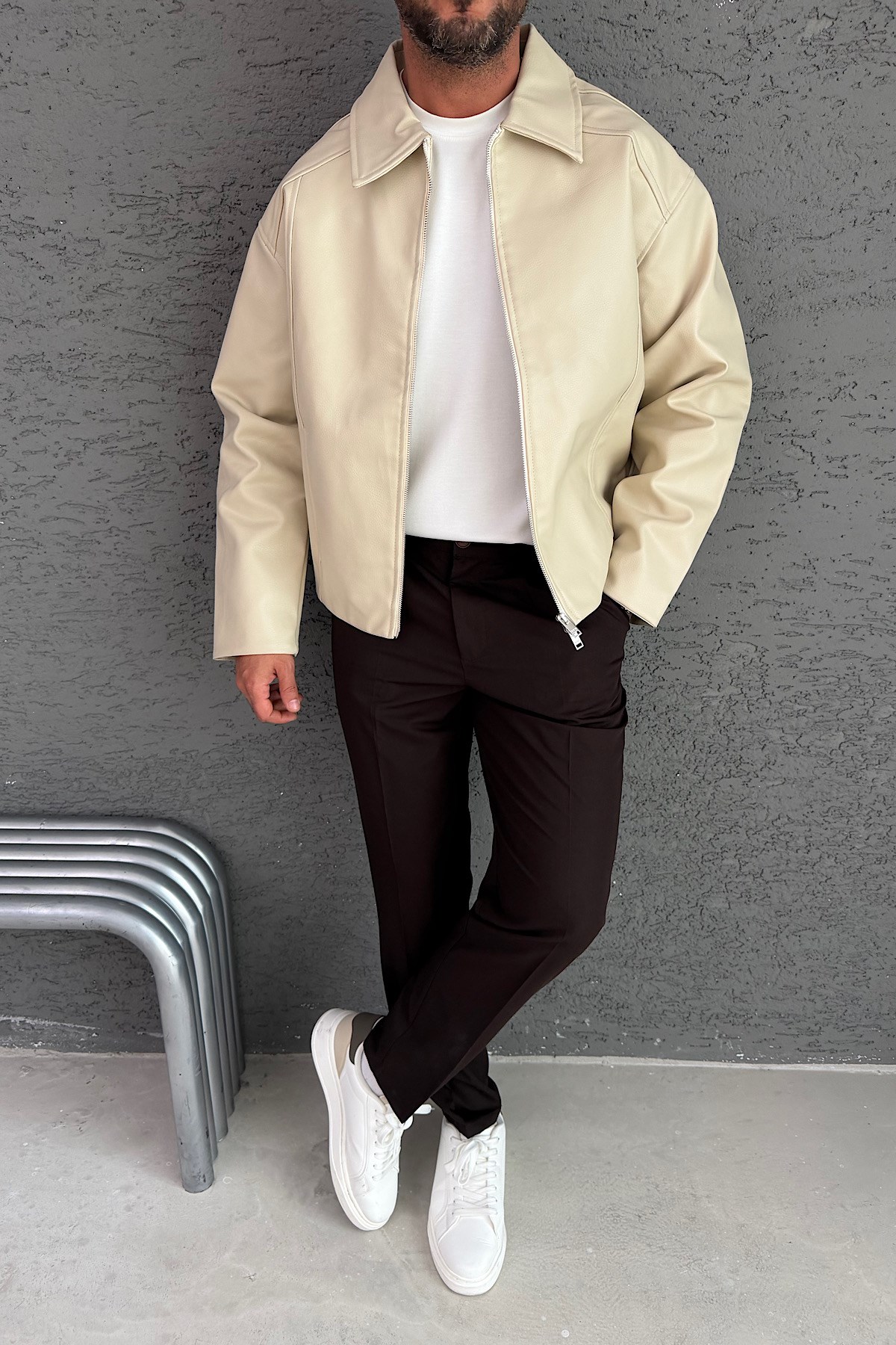 Krem Boxy Fit Deri Ceket