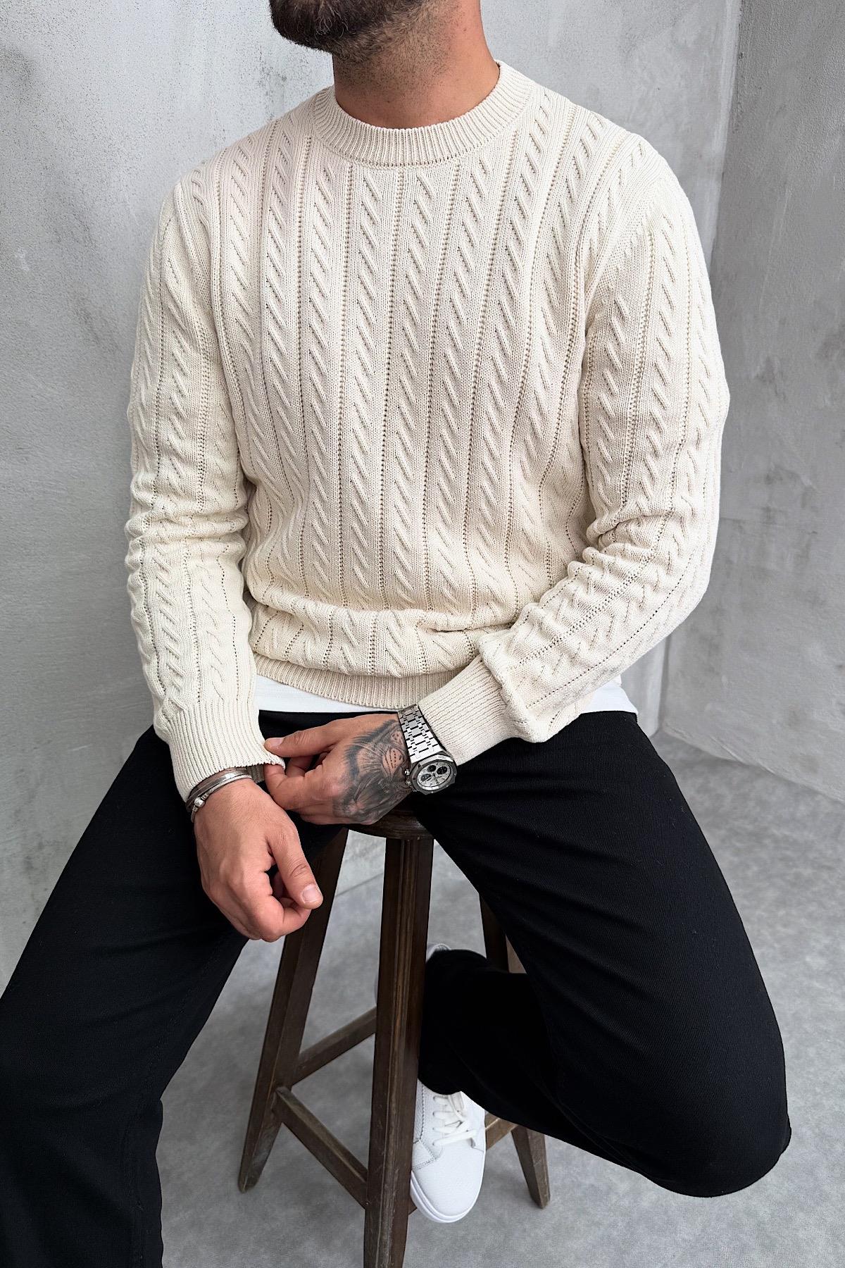 Krem Fitilli Örgü Detaylı Triko