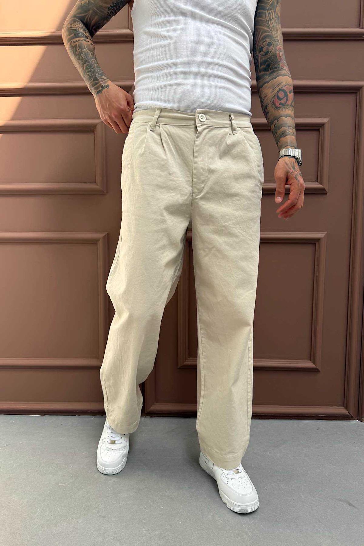 Krem Pileli Relax Fit Pantolon