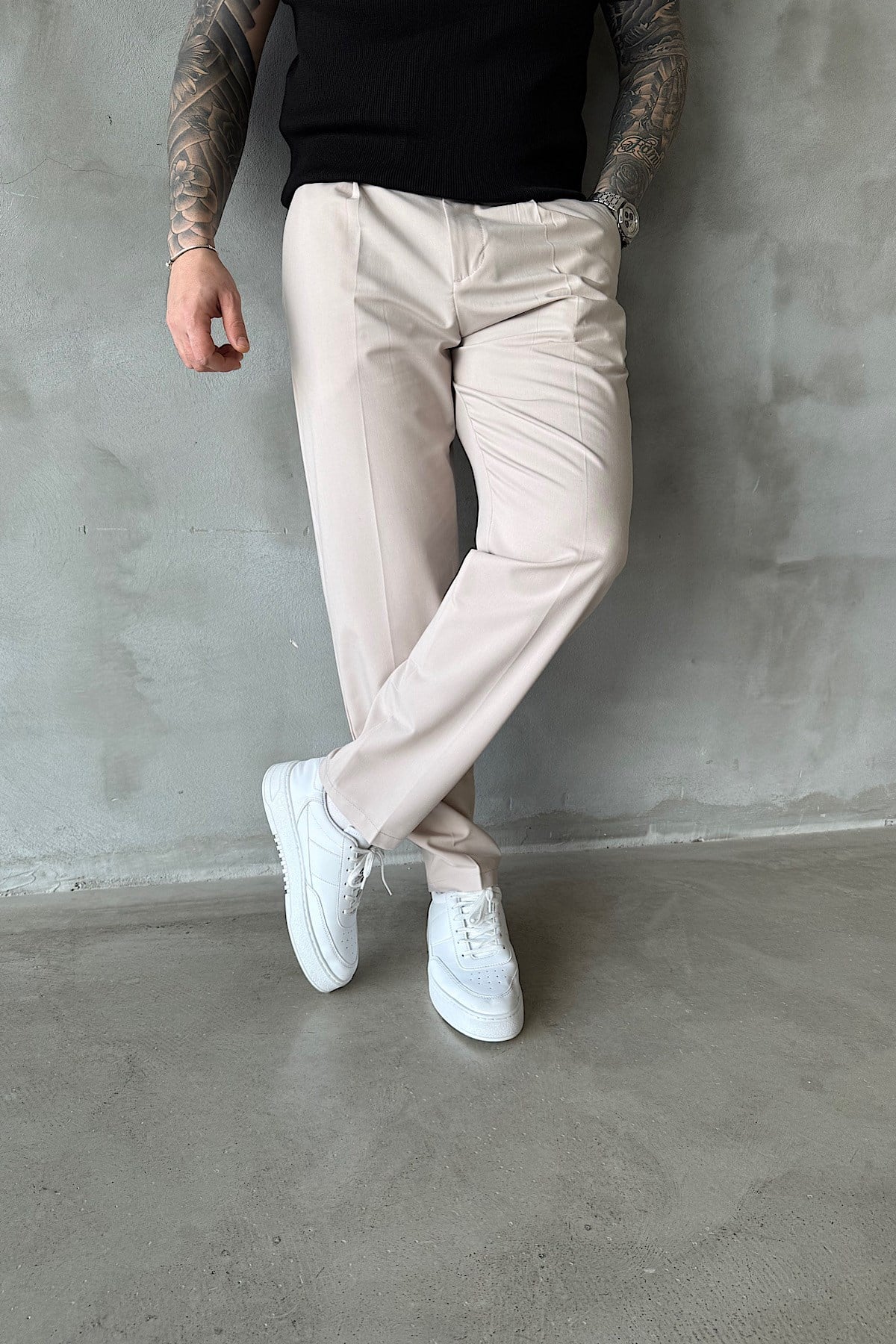 Krem Regular Kesim Kumaş Pantolon