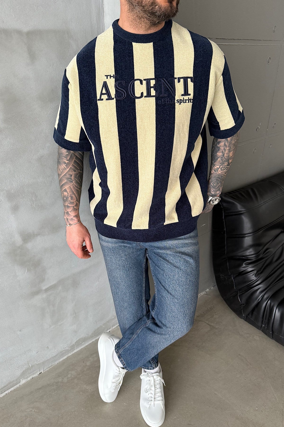 Krem&Lacivert Blok Çizgili T-Shirt