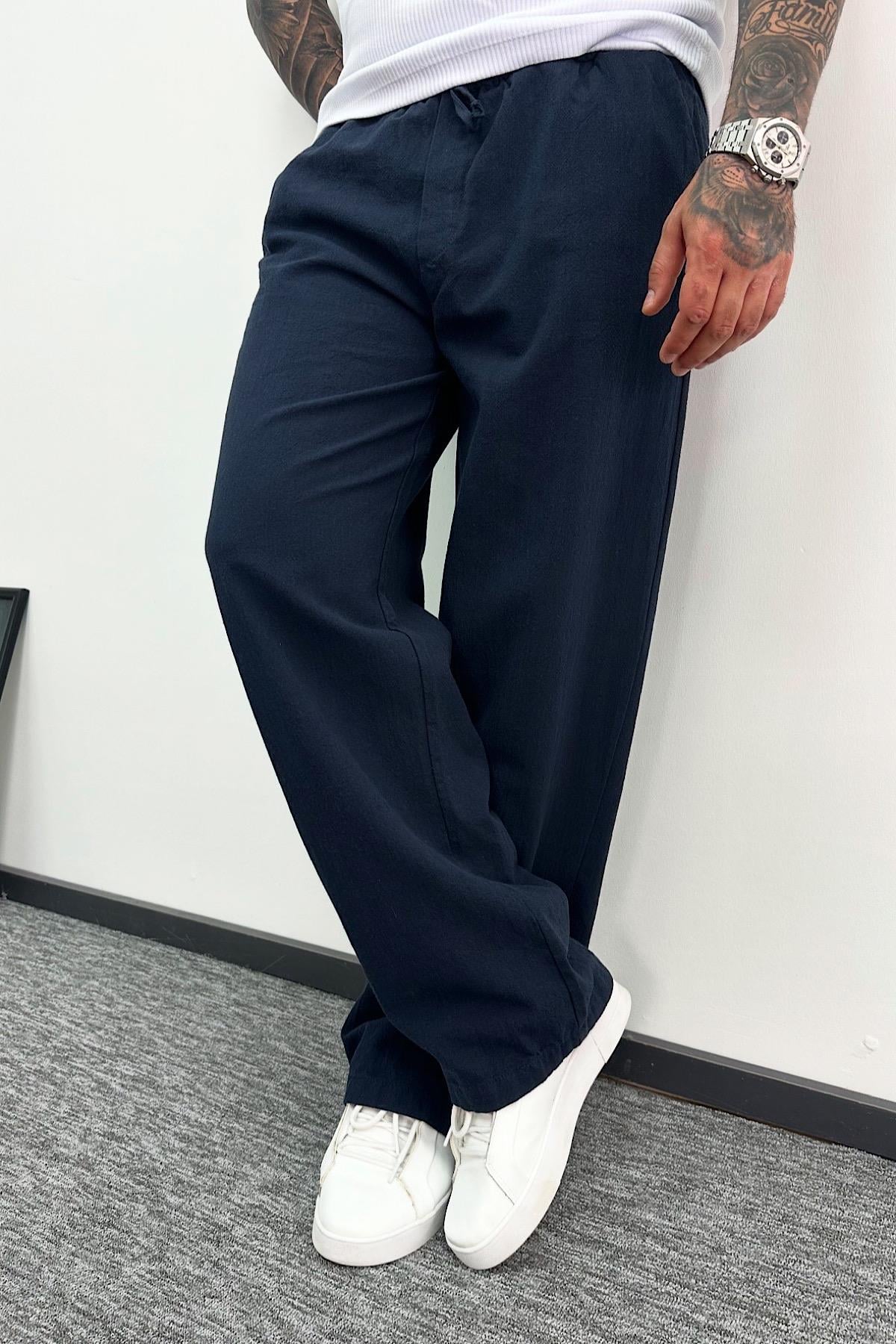 Lacivert Baggy Keten Pantolon