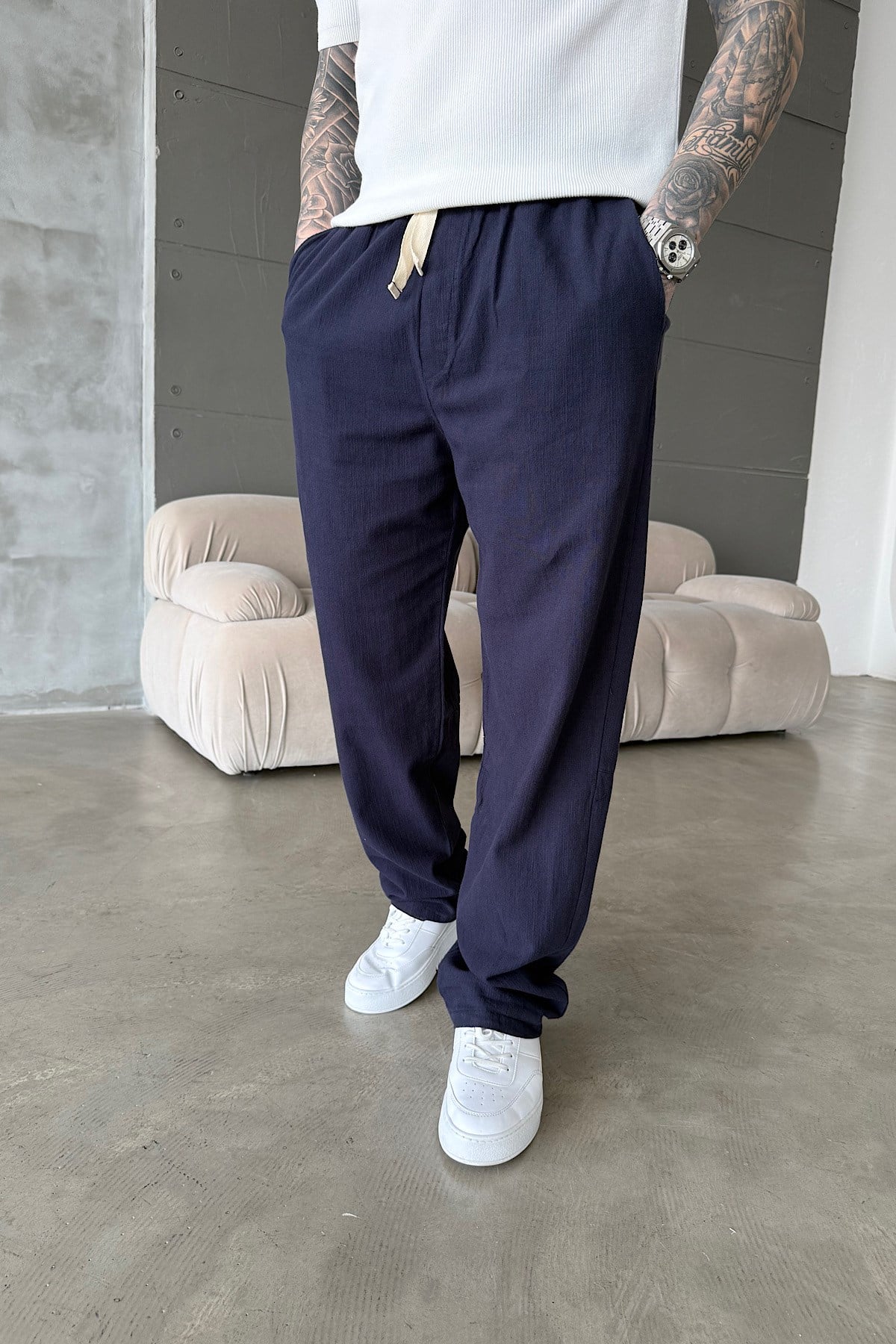 Lacivert Baggy Keten Pantolon
