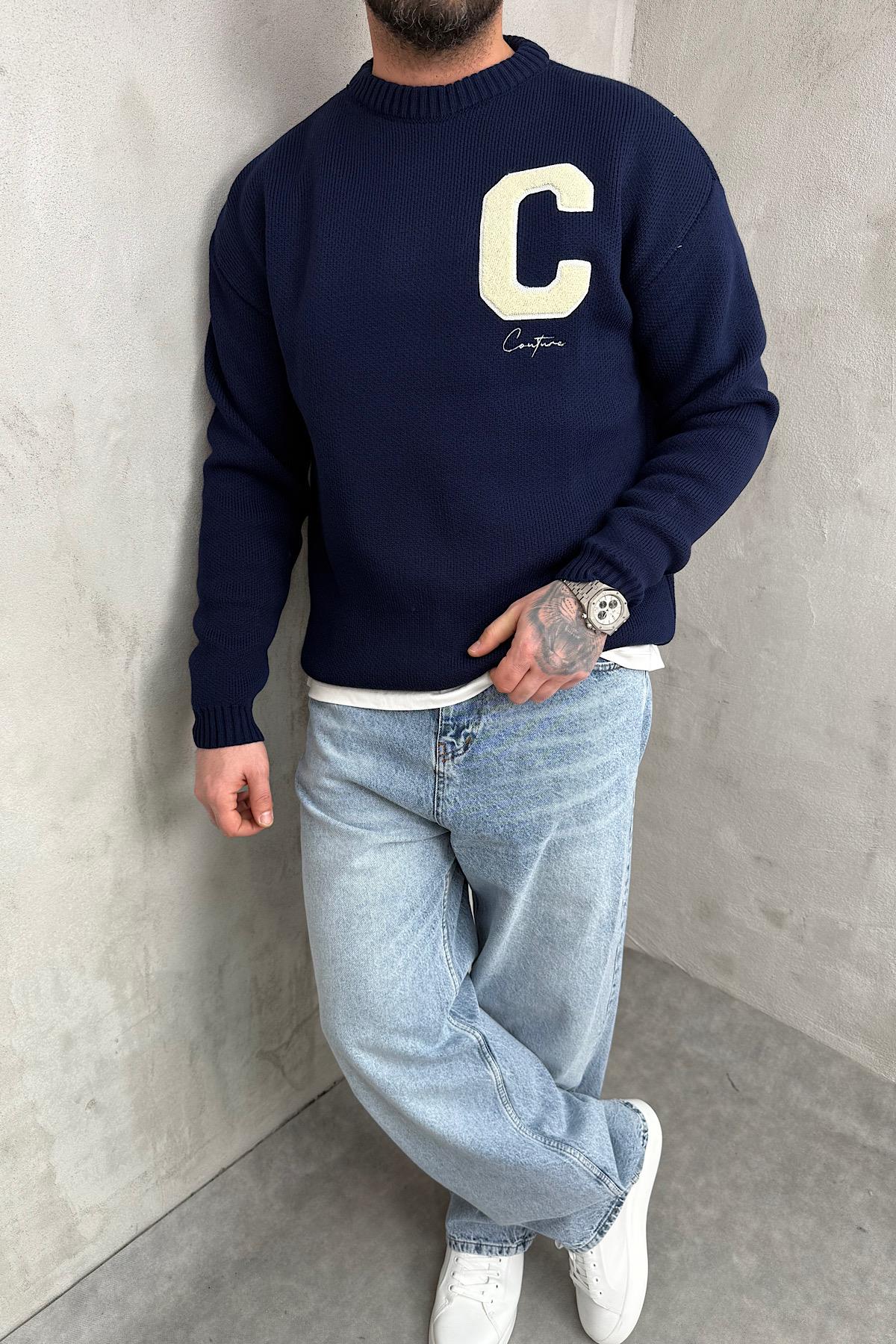 Lacivert Baskılı Kazak