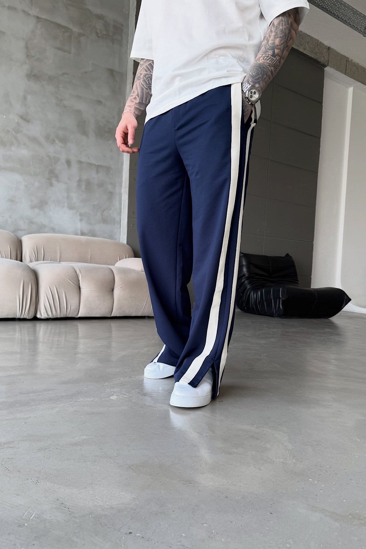 Lacivert Beyaz Şeritli Baggy Eşofman
