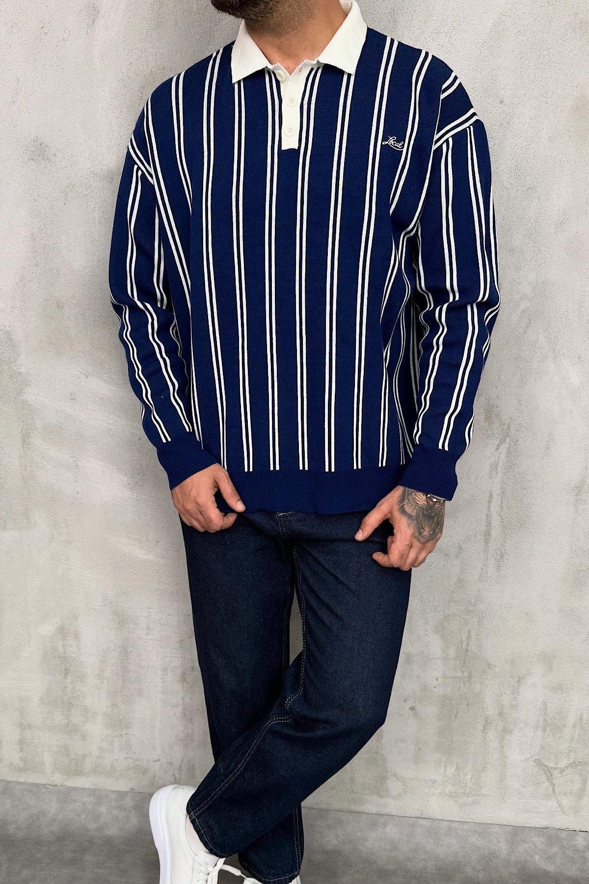Lacivert Çizgili Polo Yaka Triko Sweat