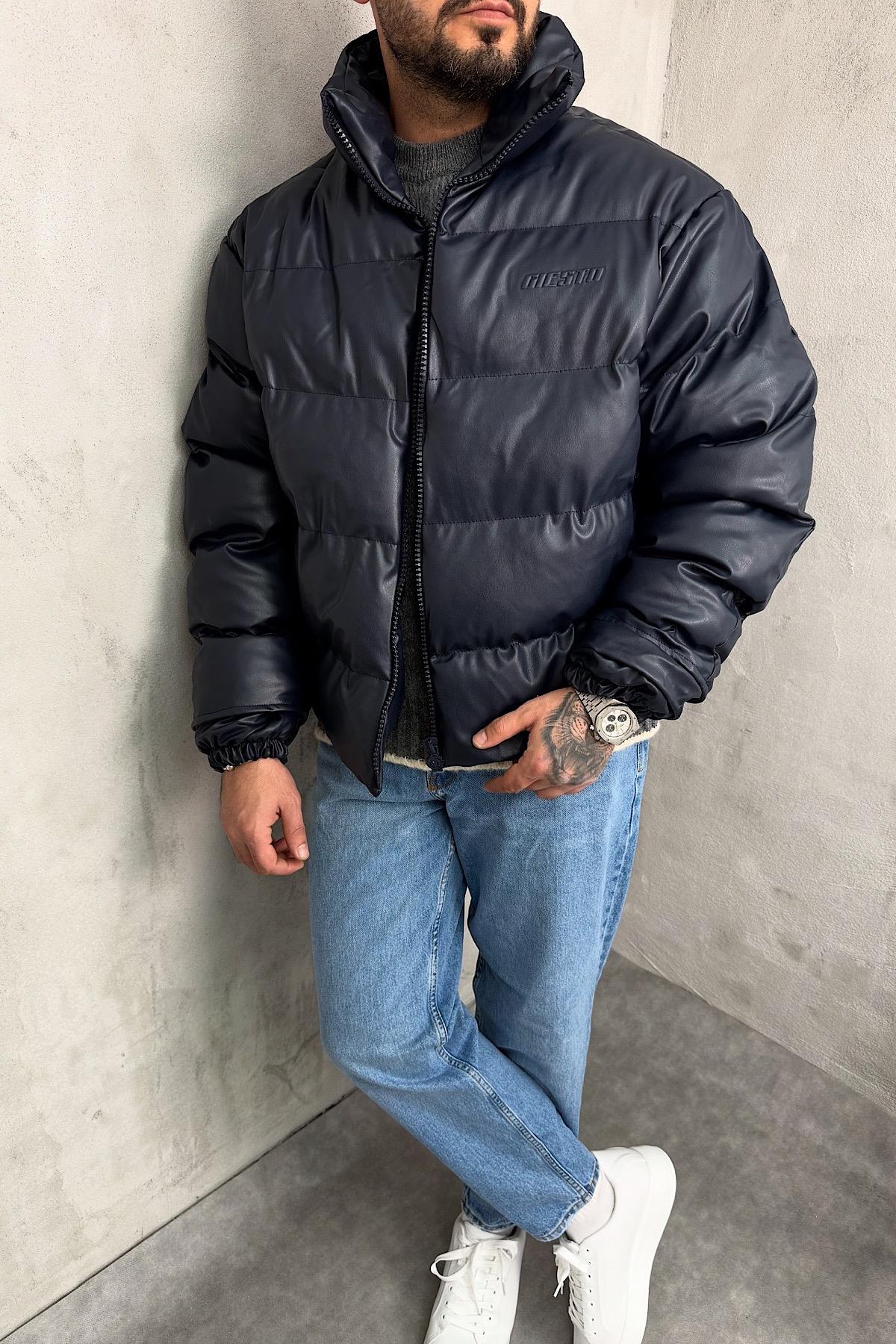 Lacivert Deri Şişme Mont