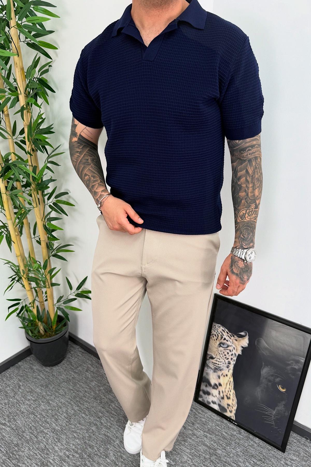 Lacivert Dokulu Polo Yaka T-Shirt