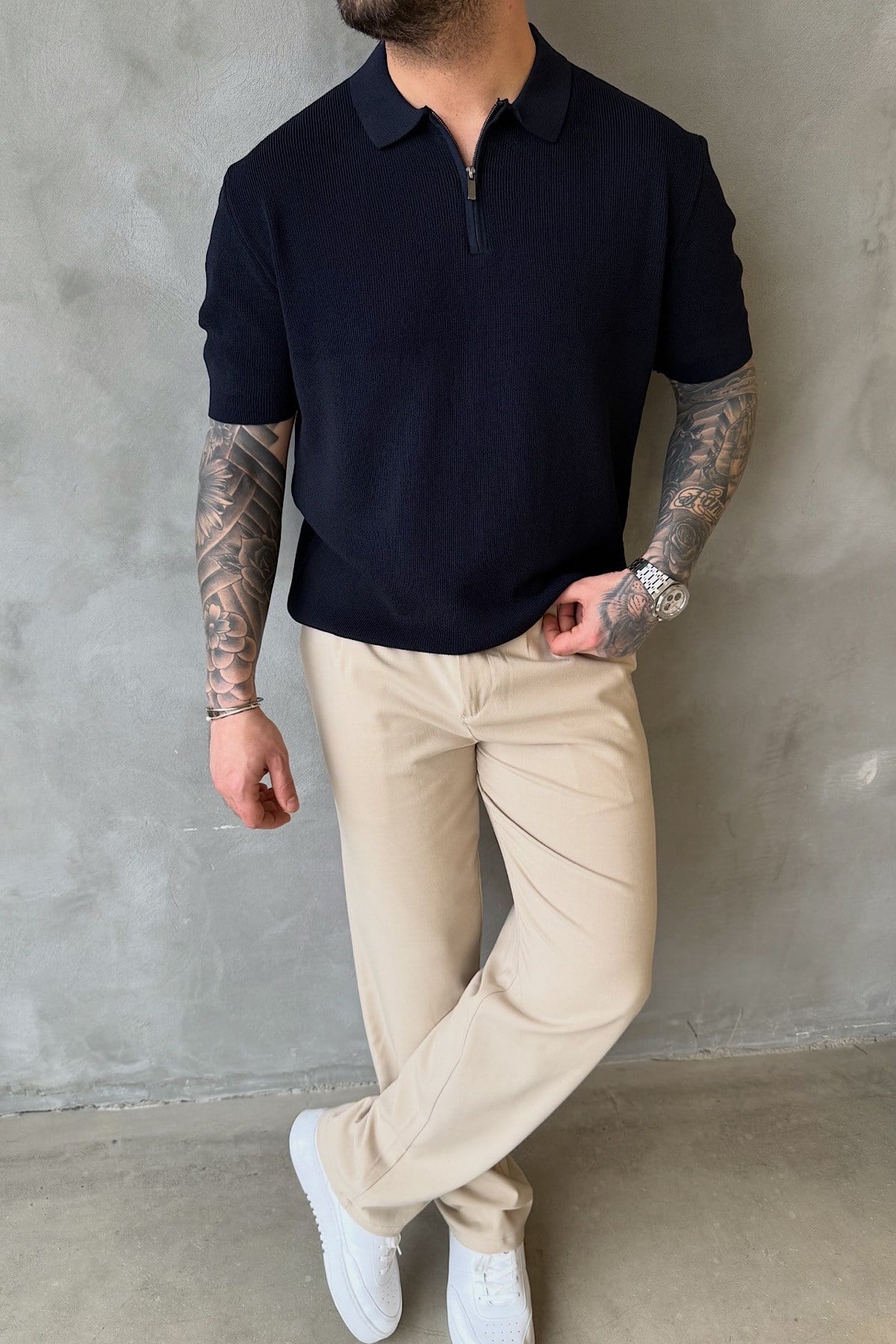 Lacivert Fermuarlı Polo Yaka T-Shirt