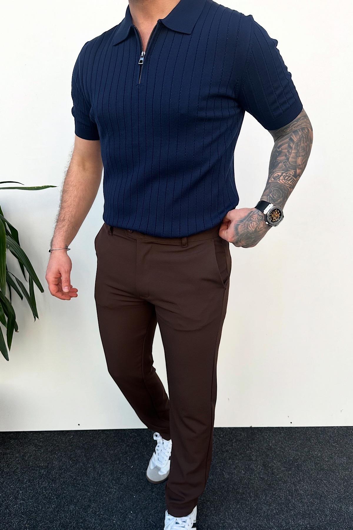 Lacivert Fitilli Polo Yaka T-Shirt