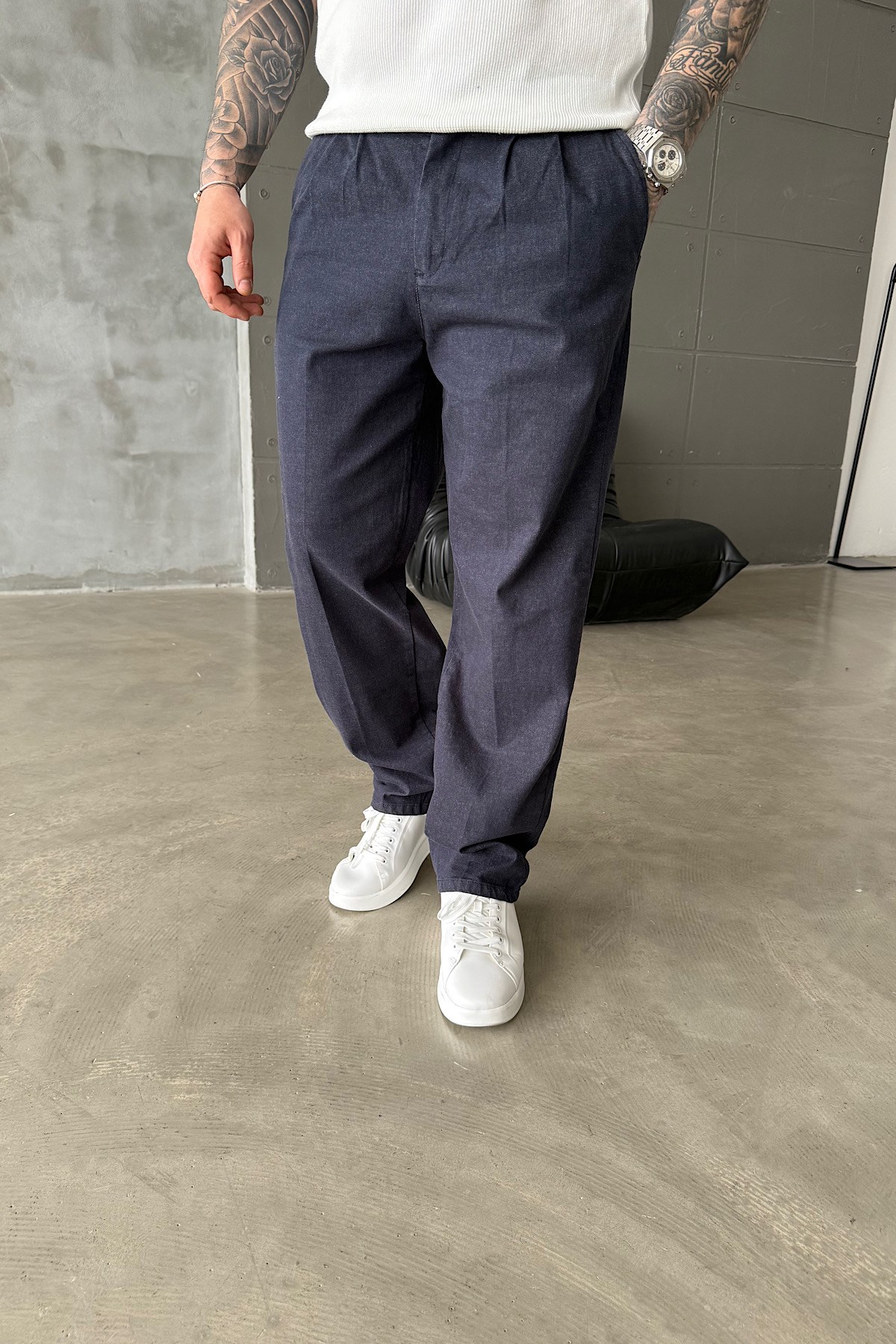 Lacivert Kanvas Pileli Baggy Pantolon 