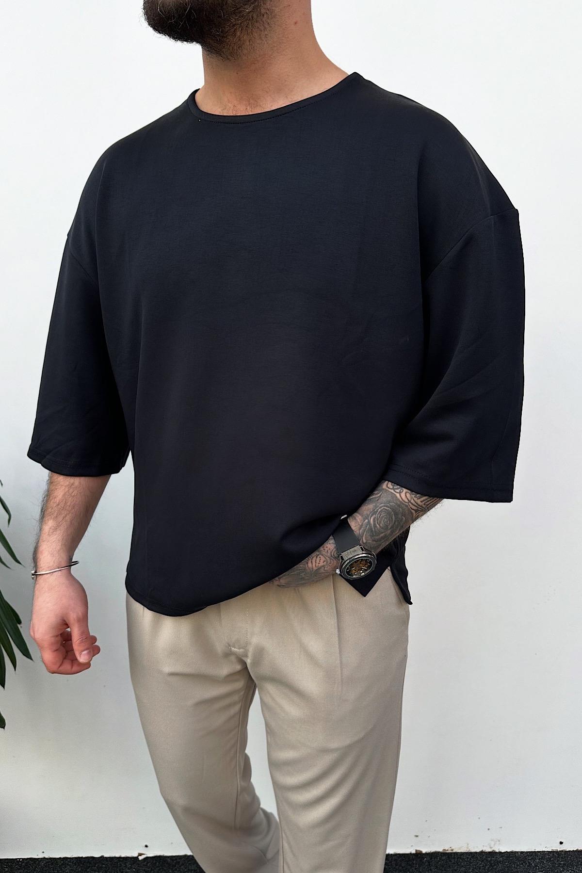 Lacivert Likralı Fakir Kol Tshirt
