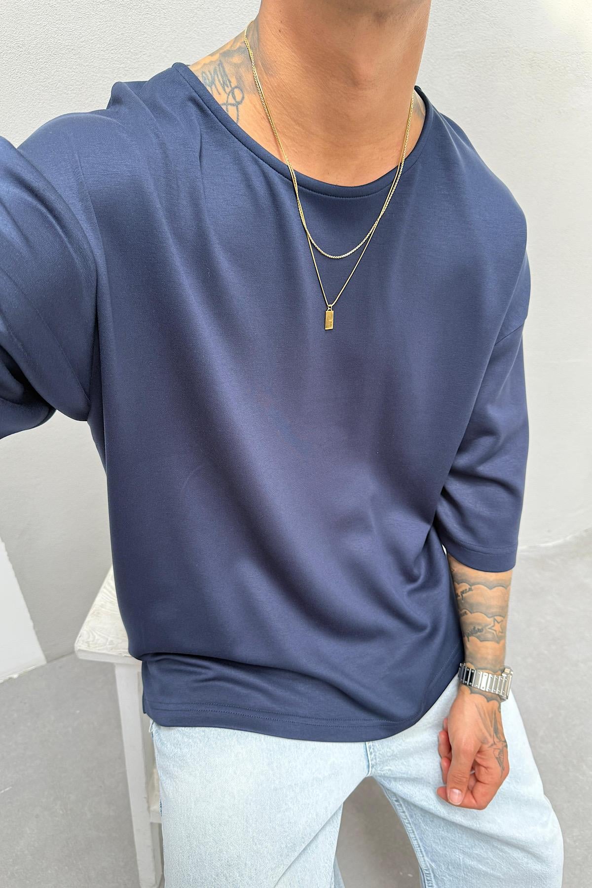 Lacivert Modal Kumaş Fakir Kol T-Shirt