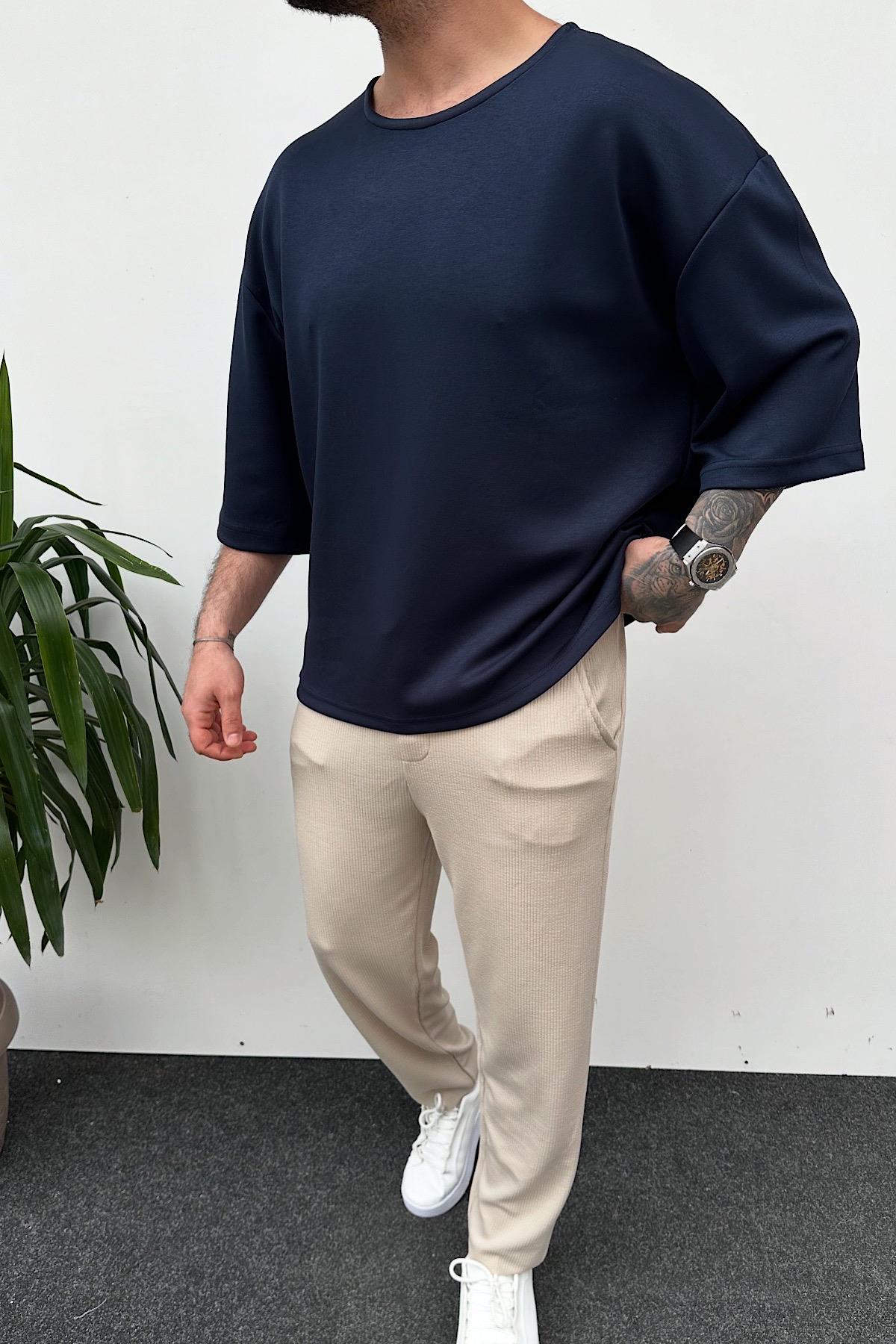 Lacivert Modal Kumaş Fakir Kol T-Shirt