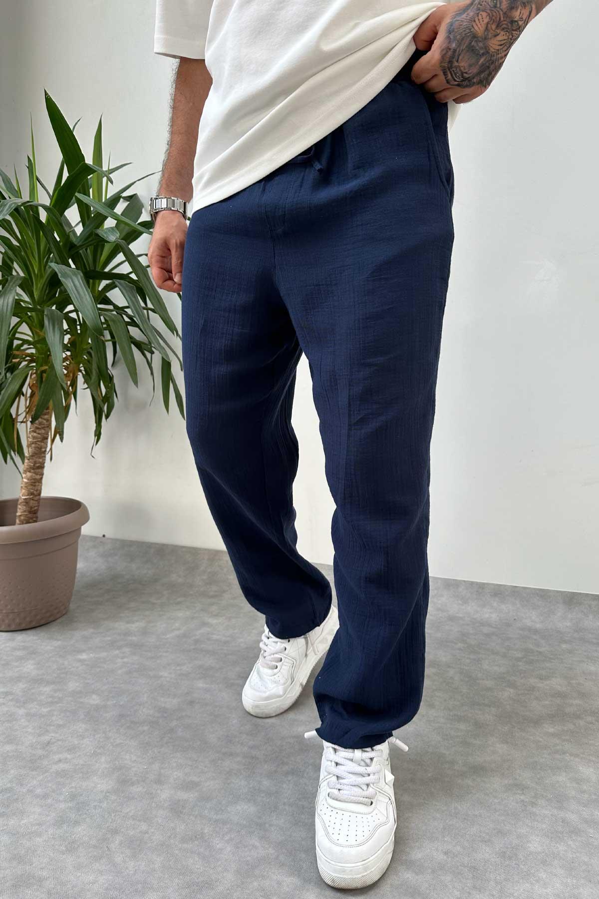 Lacivert Müslin Kumaş Baggy Pantolon