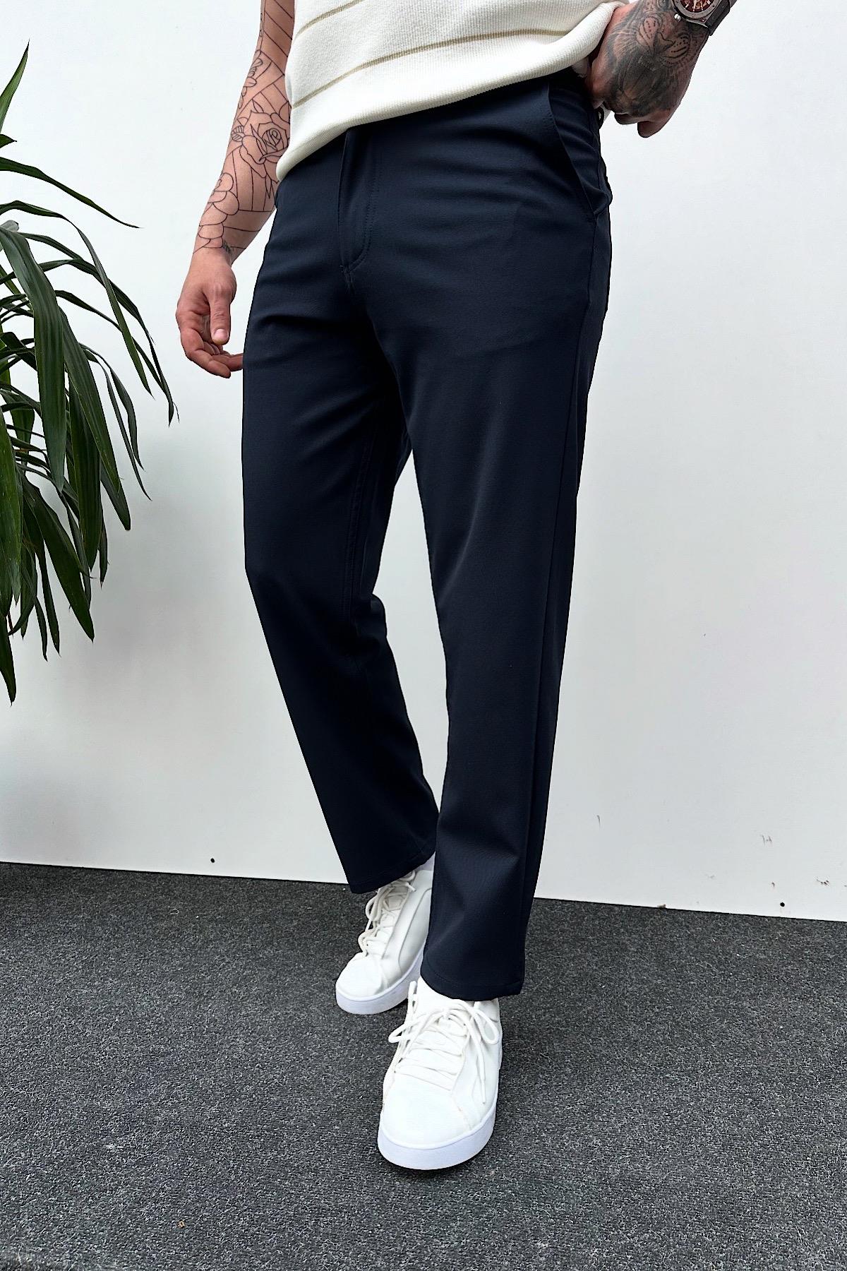 Lacivert Tok Kumaş Regular Kalıp Boyfriend Pantolon