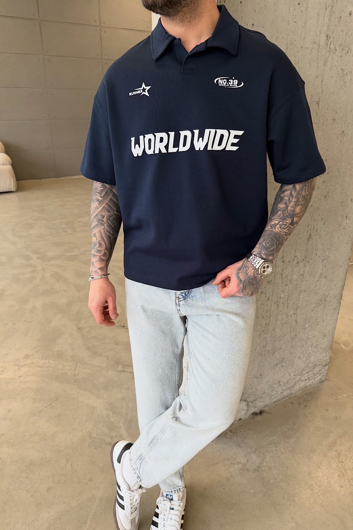 Lacivert Worldwide Polo Yaka T-Shirt