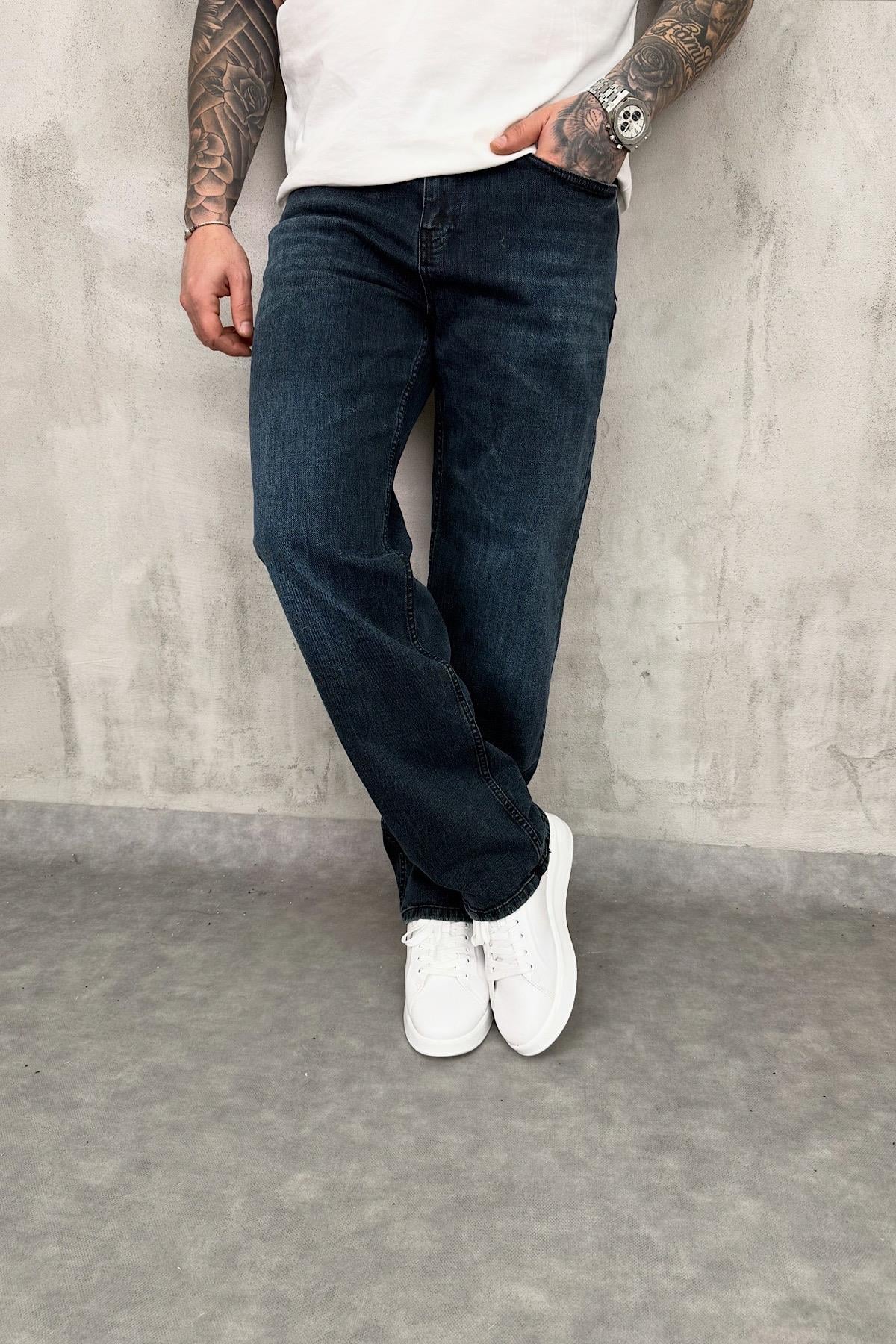 Lacivert Yıkamalı Baggy Pantolon