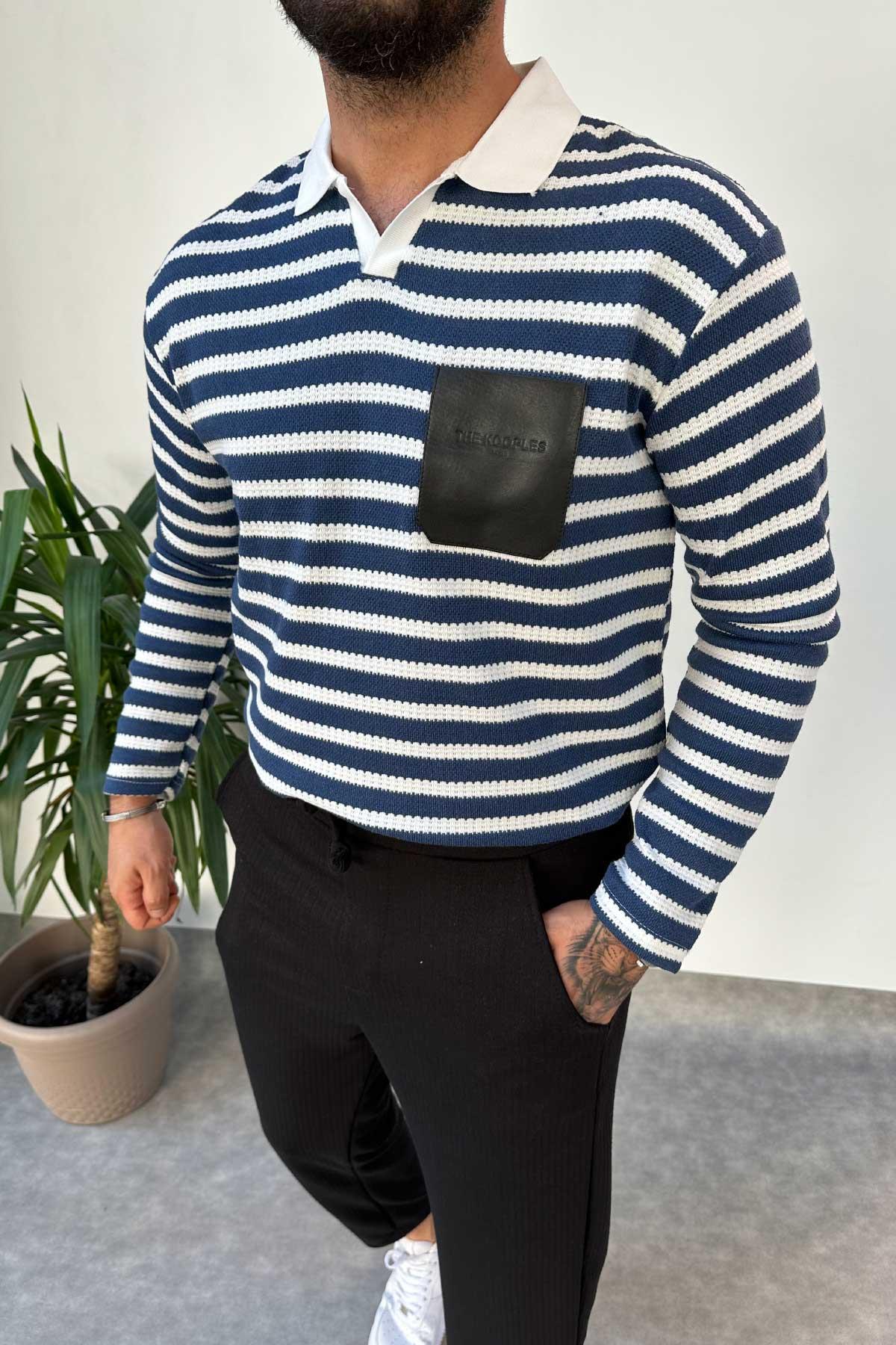 Mavi Beyaz Cep Detaylı Polo Yaka Sweatshirt