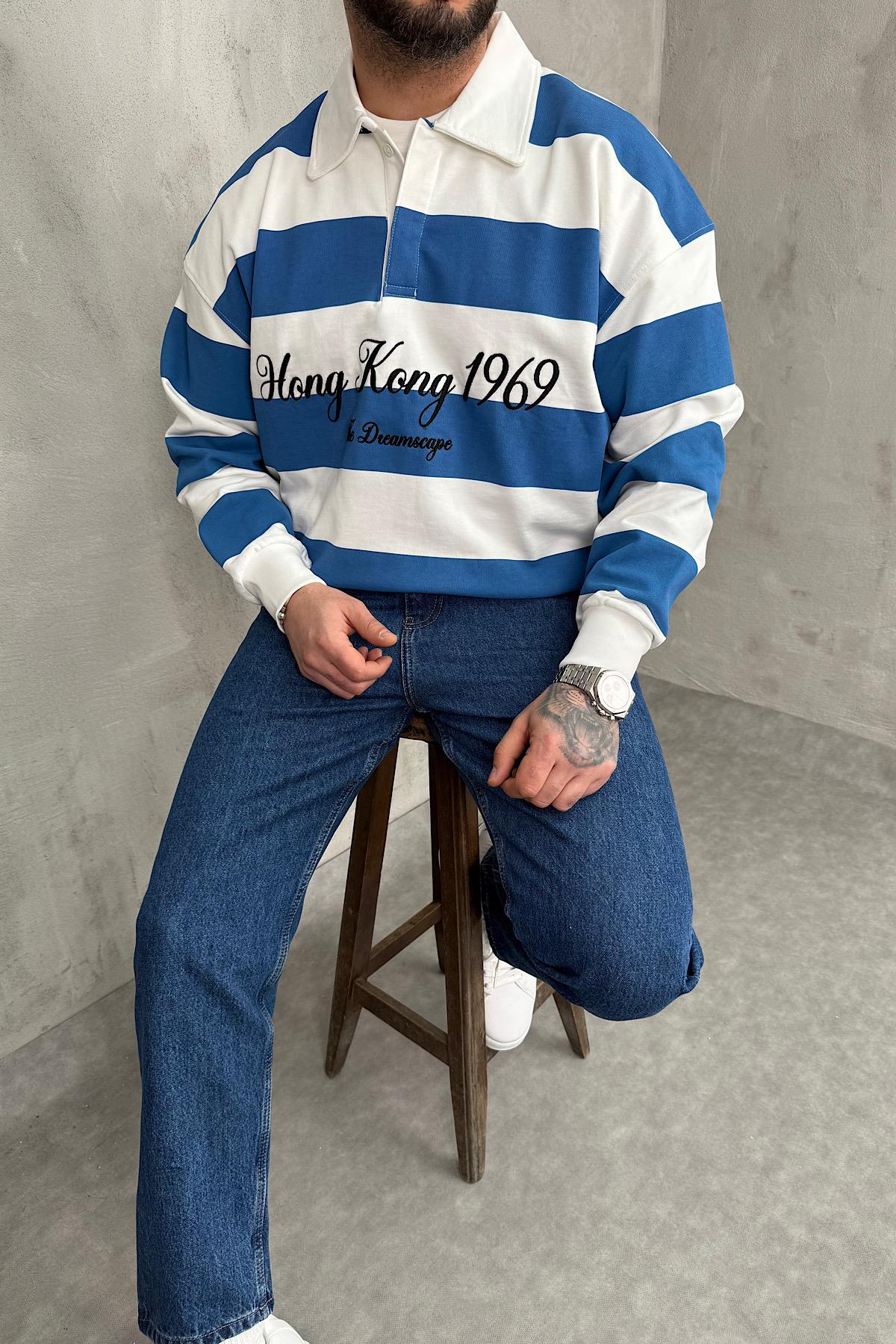 Mavi Beyaz Çizgili Polo Yaka Sweatshirt