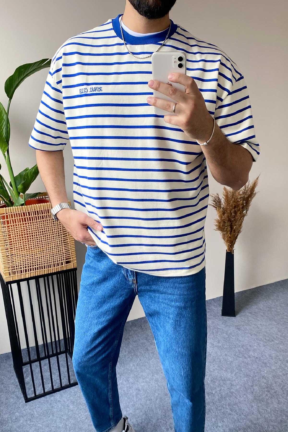 Mavi Çizgili Bol Kalıp T-Shirt