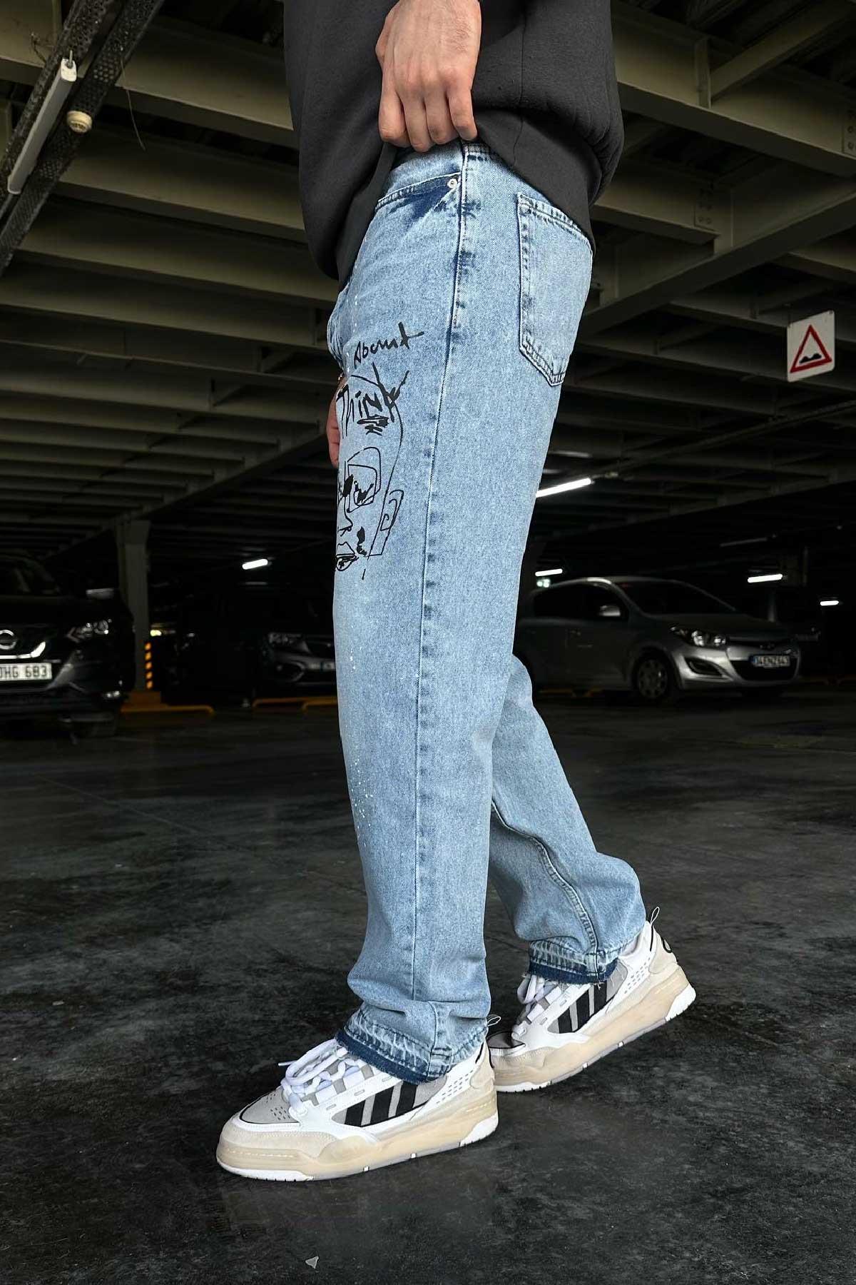 Mavi Desenli Baggy Jean