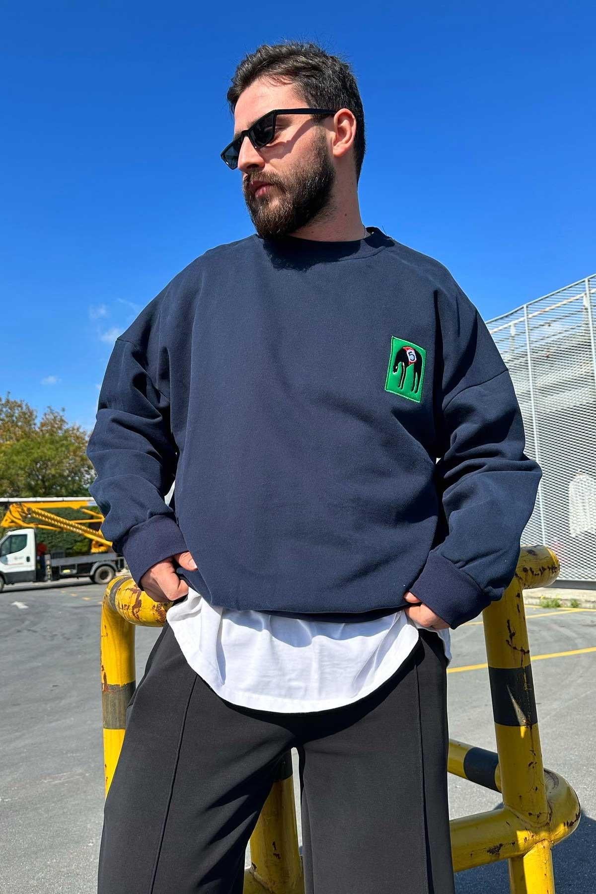 Mavi Ufak Baskılı Swaetshirt