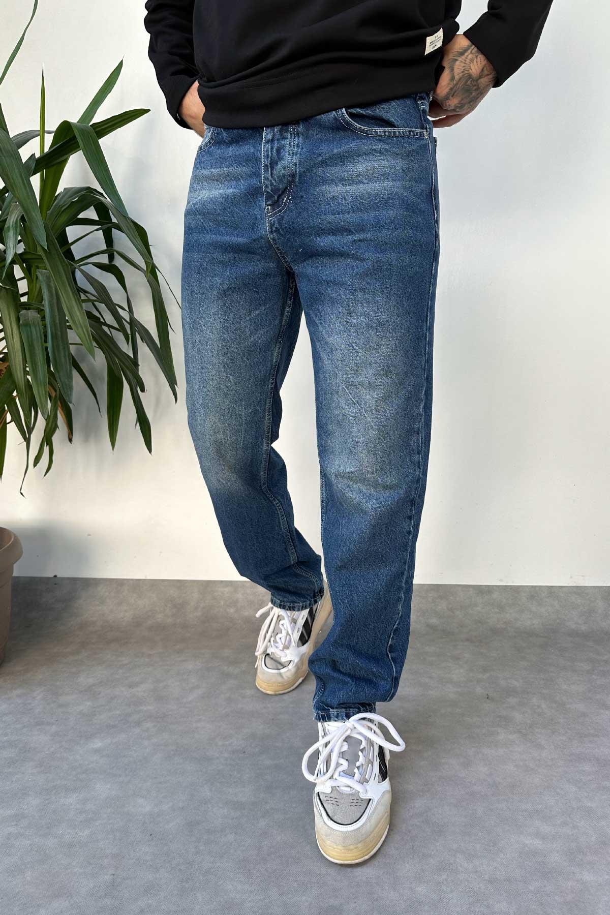 Mavi Yıkamalı Taşlamalı Baggy Jean